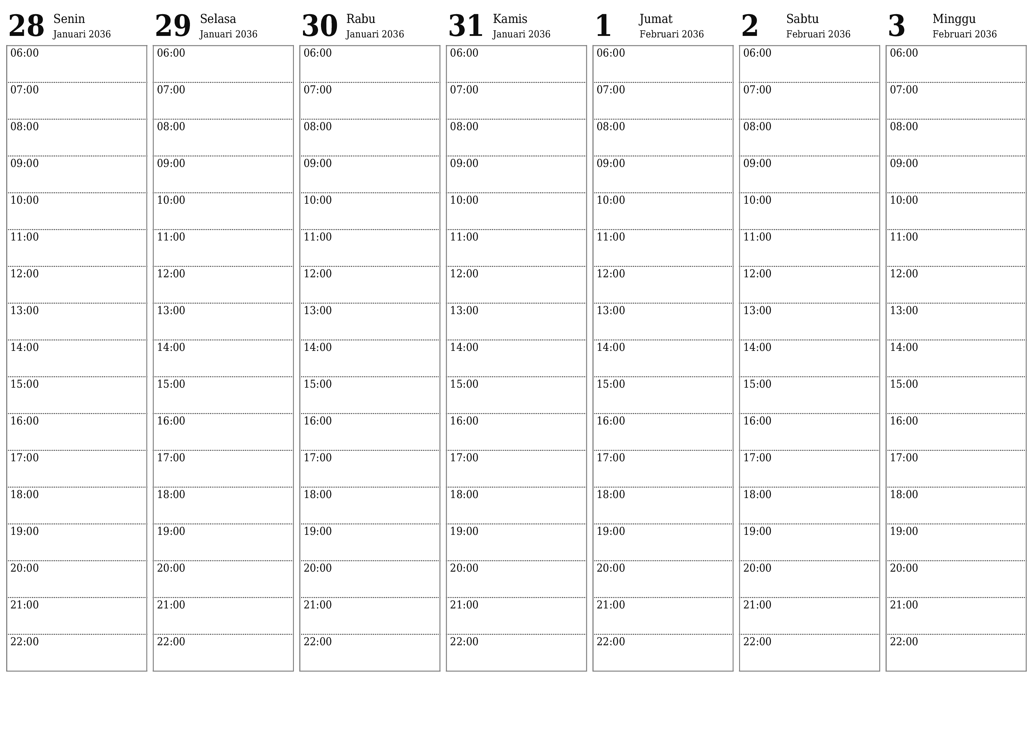 Kosongkan agenda mingguan untuk minggu Februari 2036 dengan catatan, simpan dan cetak ke PDF PNG Indonesian