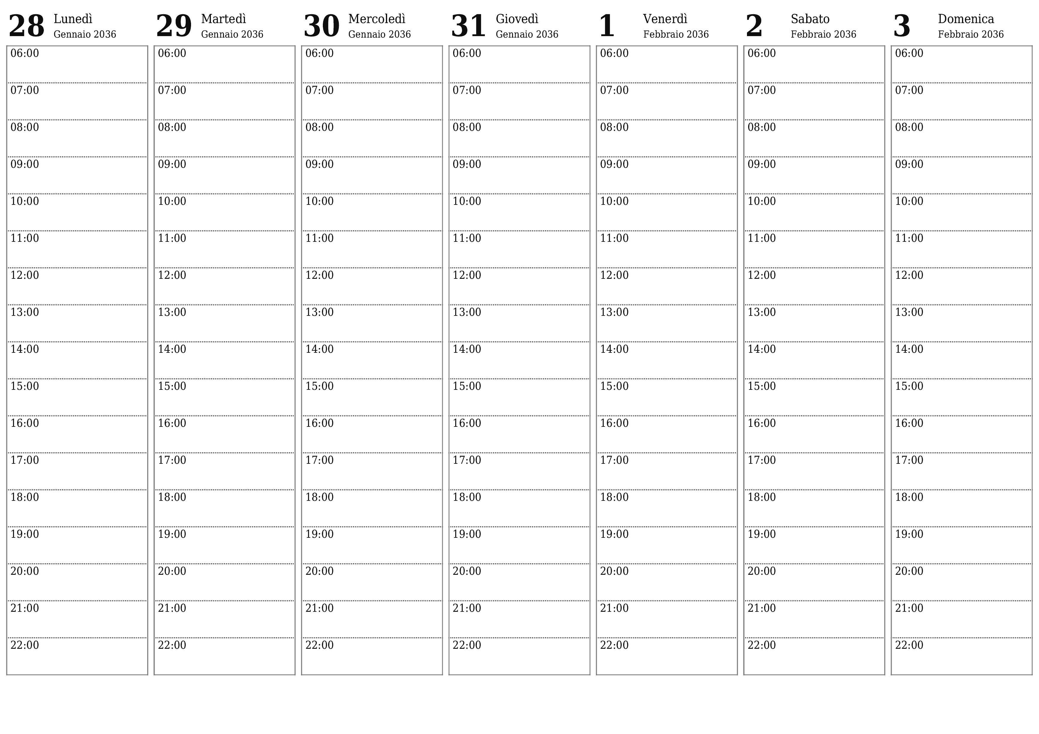 Agenda settimanale vuota per settimane Febbraio 2036 con note, salva e stampa in PDF PNG Italian