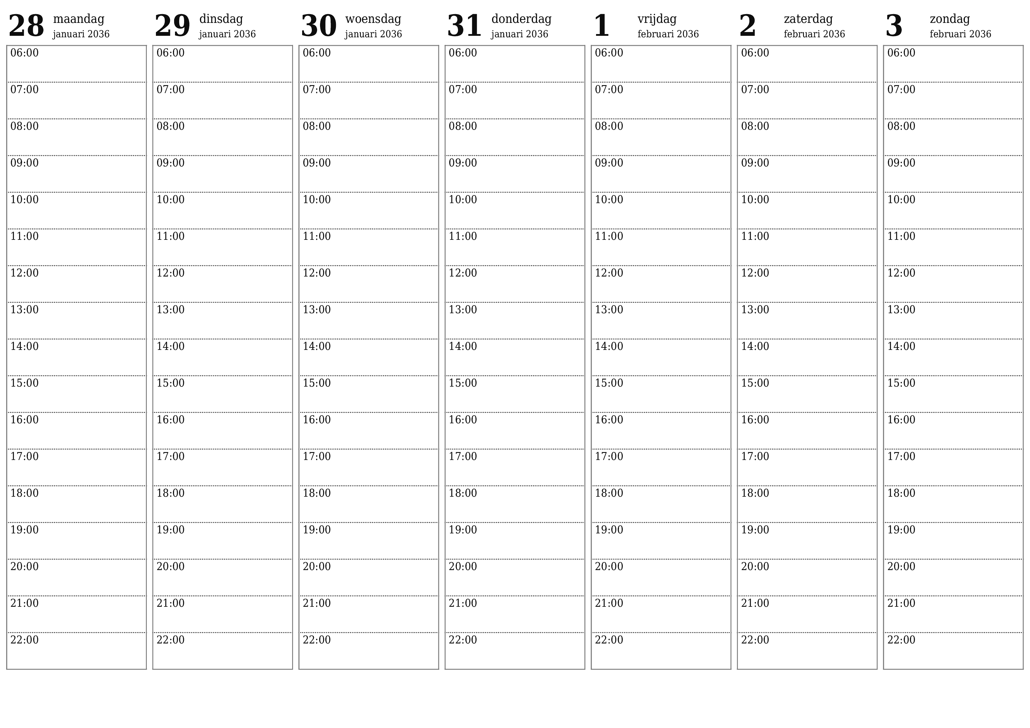 Lege weekplanner voor weken februari 2036 met notities, opslaan en afdrukken naar pdf PNG Dutch