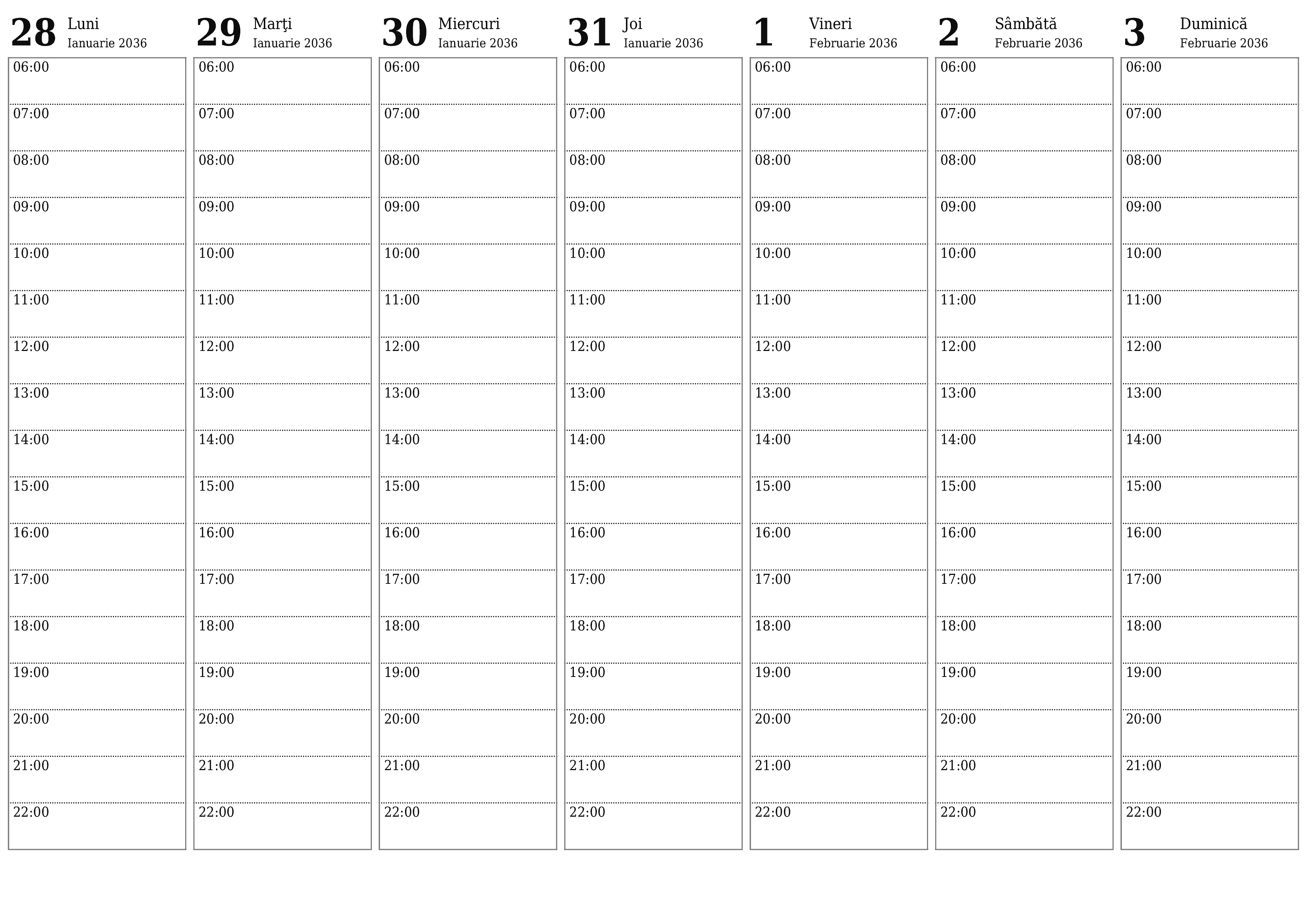 Planificator săptămânal gol pentru săptămâni Februarie 2036 cu note, salvați și tipăriți în PDF PNG Romanian