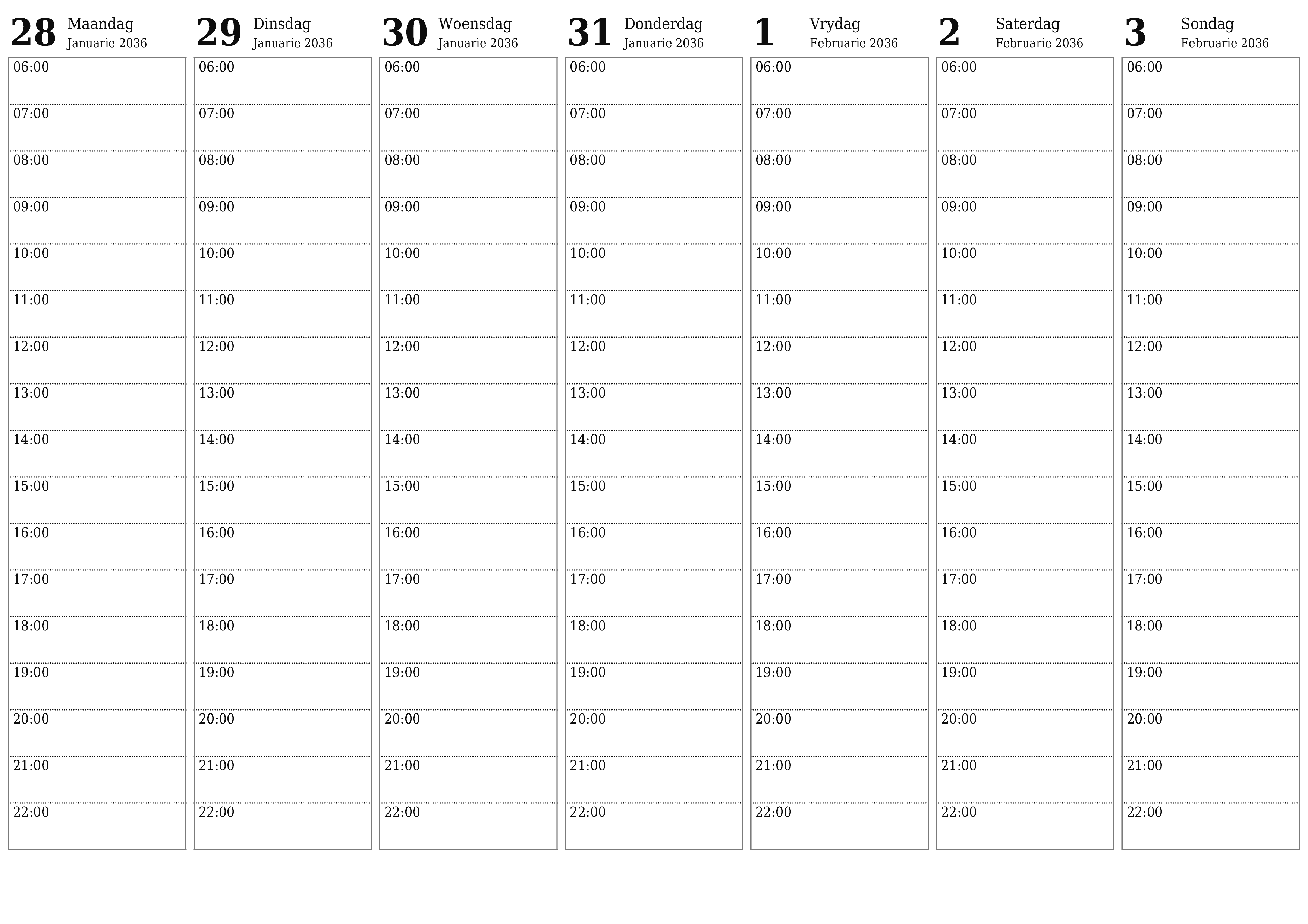 Leë weeklikse drukbare kalender en beplanner vir week Februarie 2036 met notas, stoor en druk na PDF PNG Afrikaans