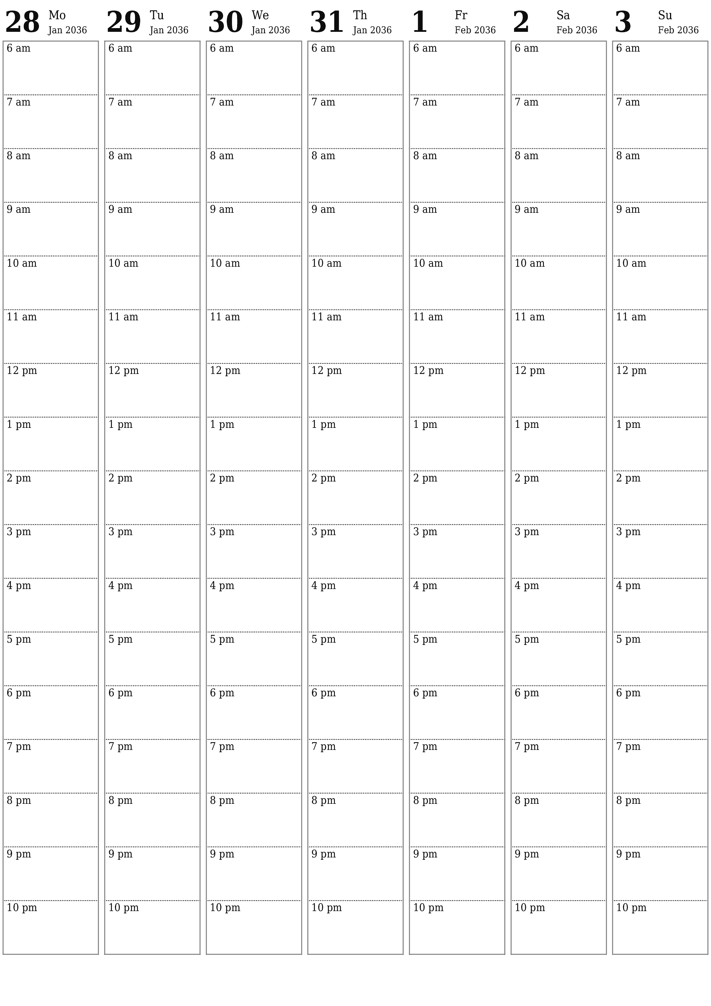 printable wall template free vertical Weekly planner calendar February (Feb) 2036