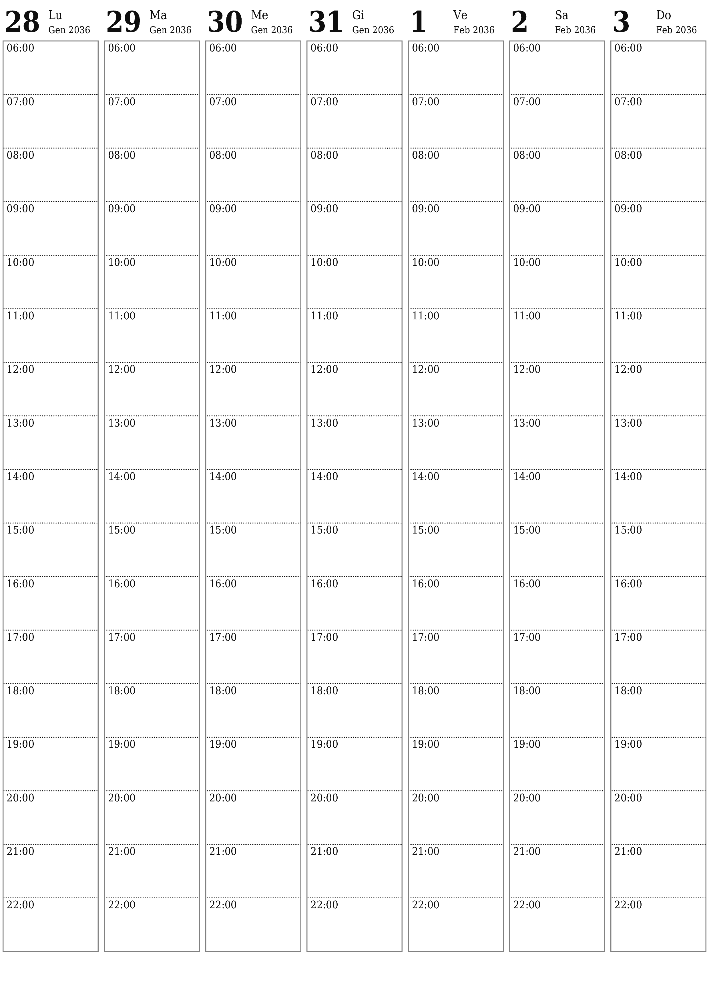 Agenda settimanale vuota per settimane Febbraio 2036 con note, salva e stampa in PDF PNG Italian