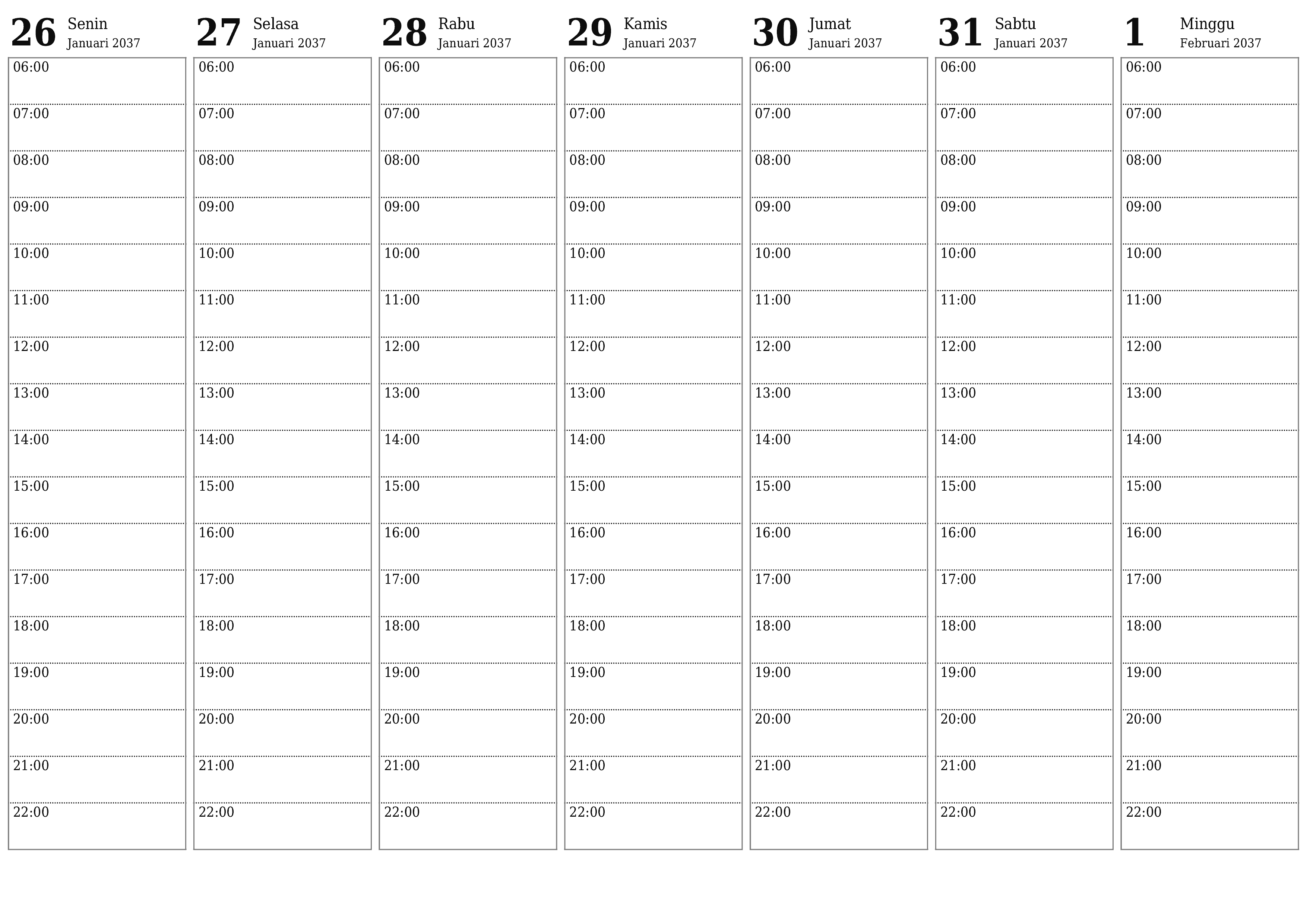 Kosongkan agenda mingguan untuk minggu Februari 2037 dengan catatan, simpan dan cetak ke PDF PNG Indonesian