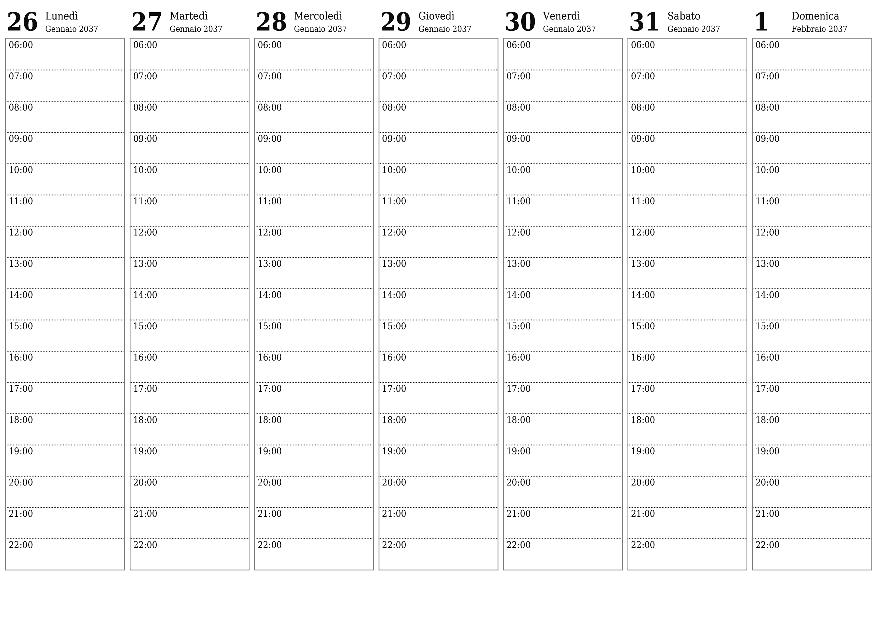 Agenda settimanale vuota per settimane Febbraio 2037 con note, salva e stampa in PDF PNG Italian