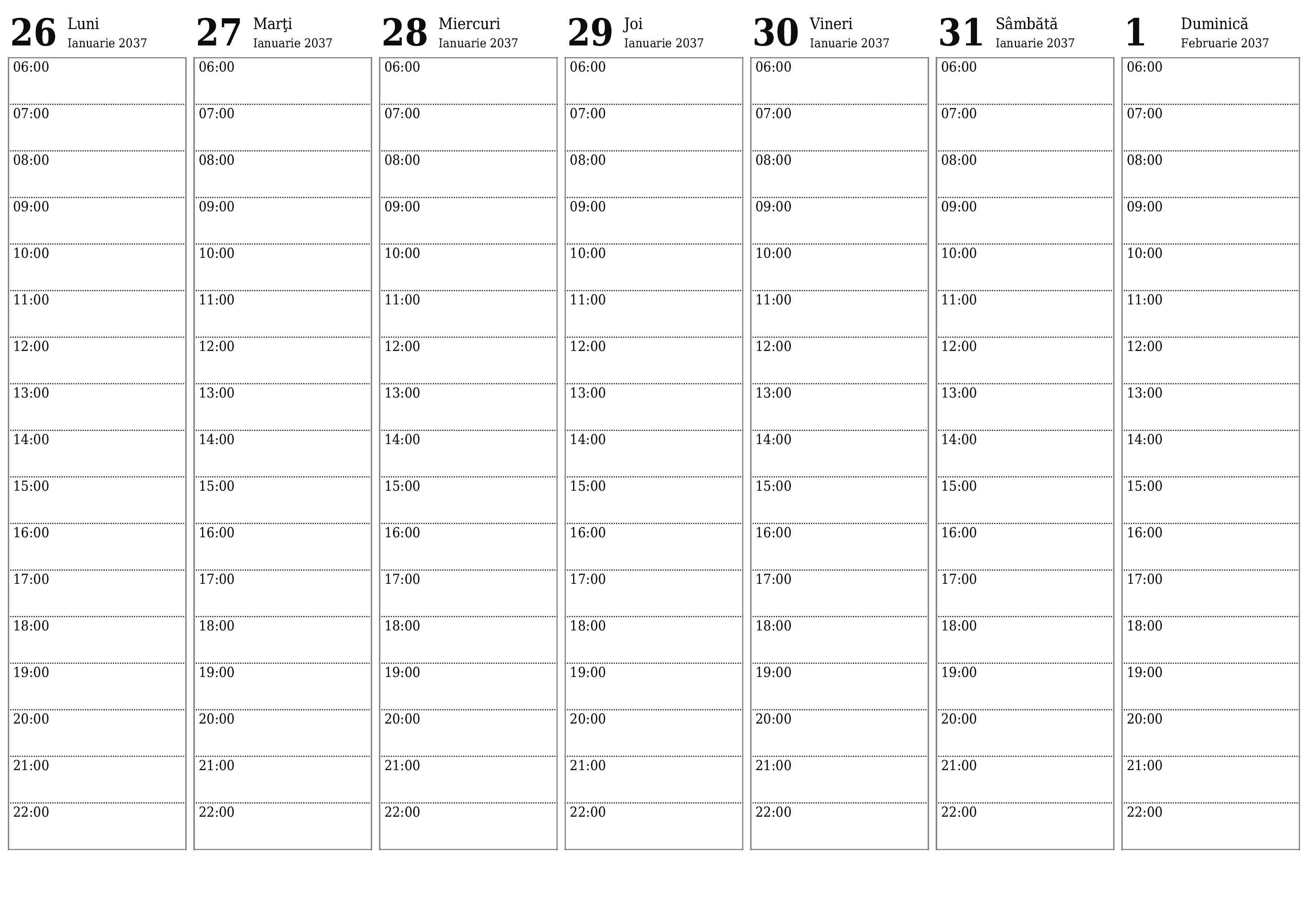Planificator săptămânal gol pentru săptămâni Februarie 2037 cu note, salvați și tipăriți în PDF PNG Romanian