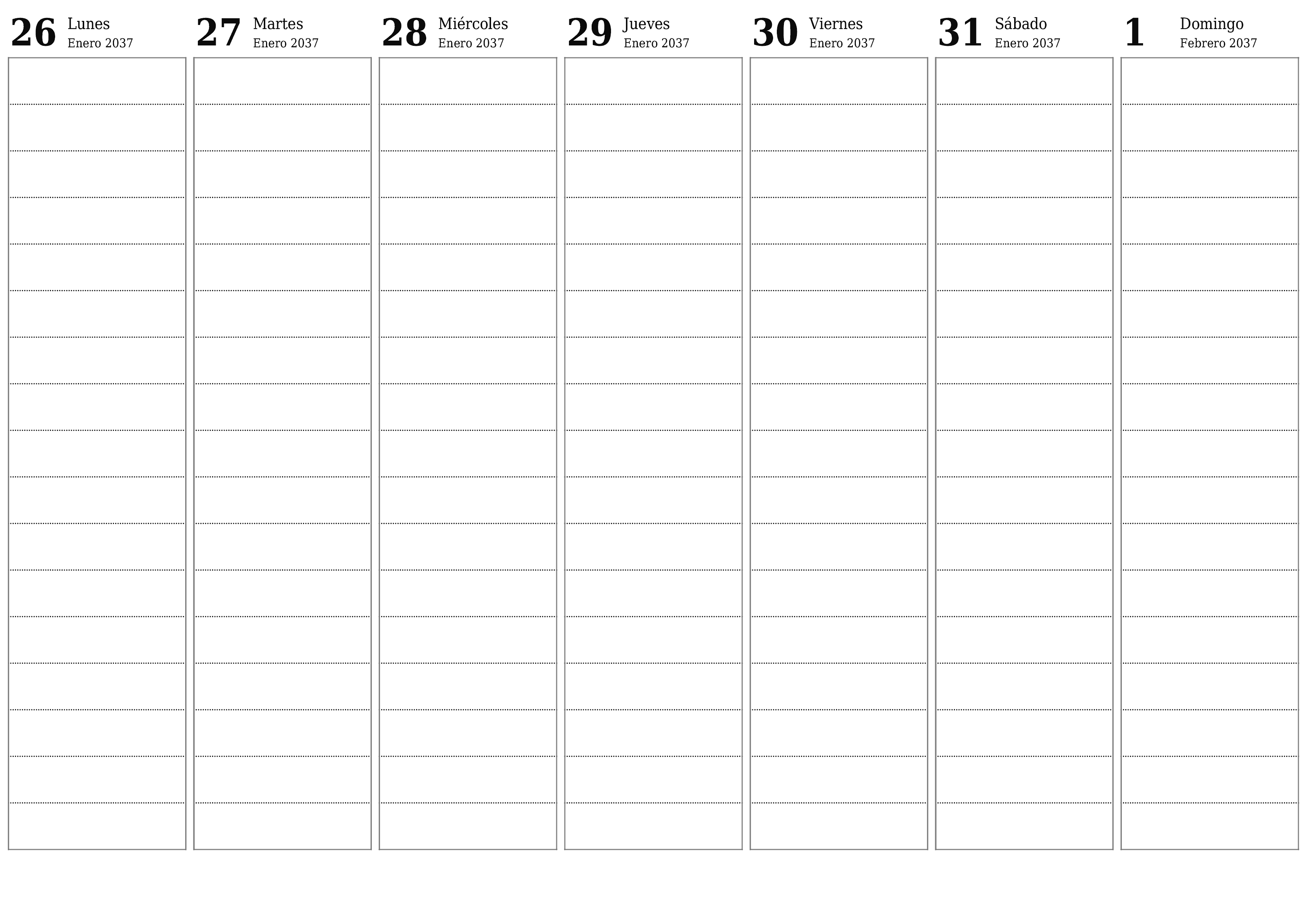 Planificador semanal vacío para semanas Febrero 2037 con notas, guardar e imprimir en PDF PNG Spanish