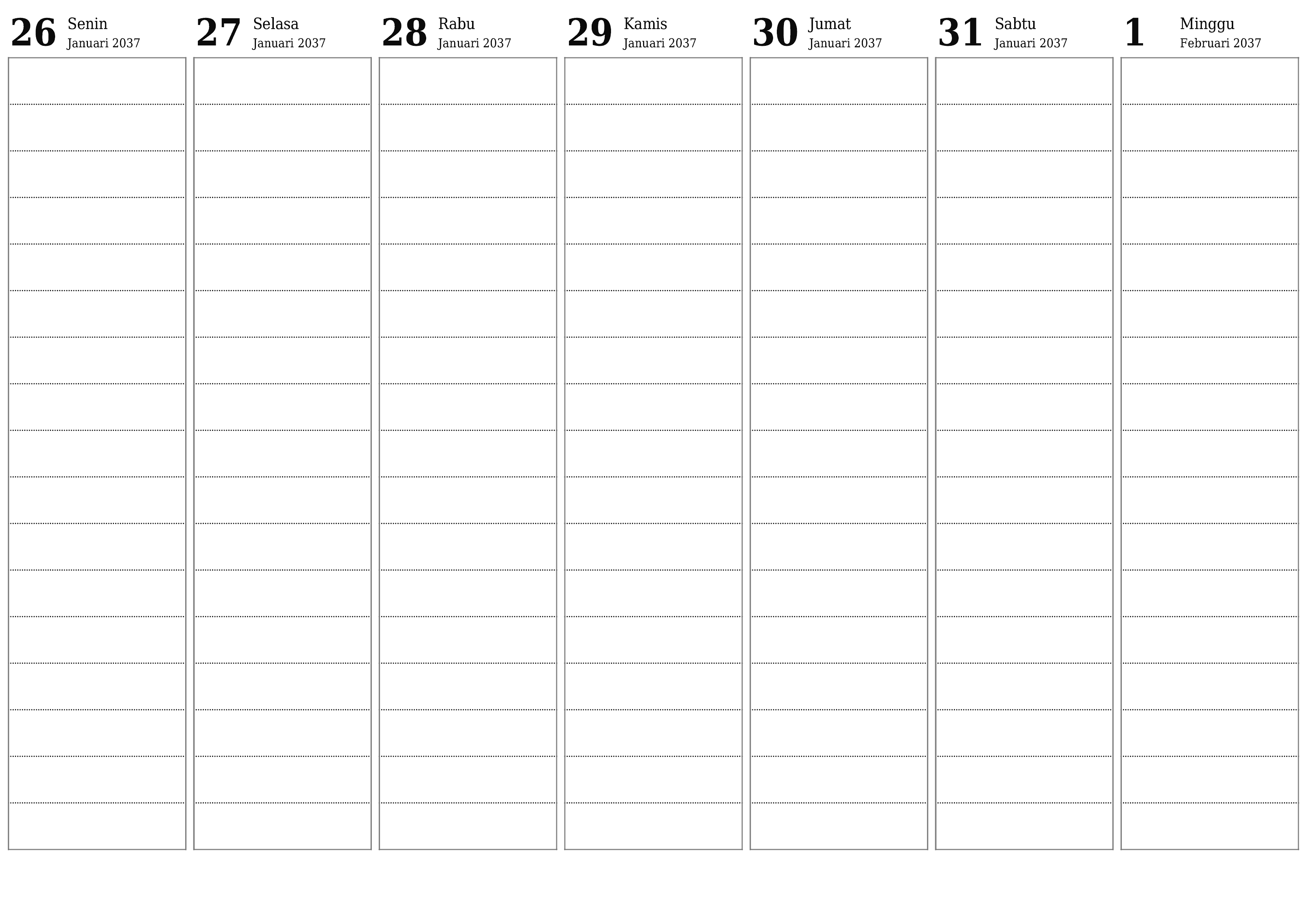 Kosongkan agenda mingguan untuk minggu Februari 2037 dengan catatan, simpan dan cetak ke PDF PNG Indonesian