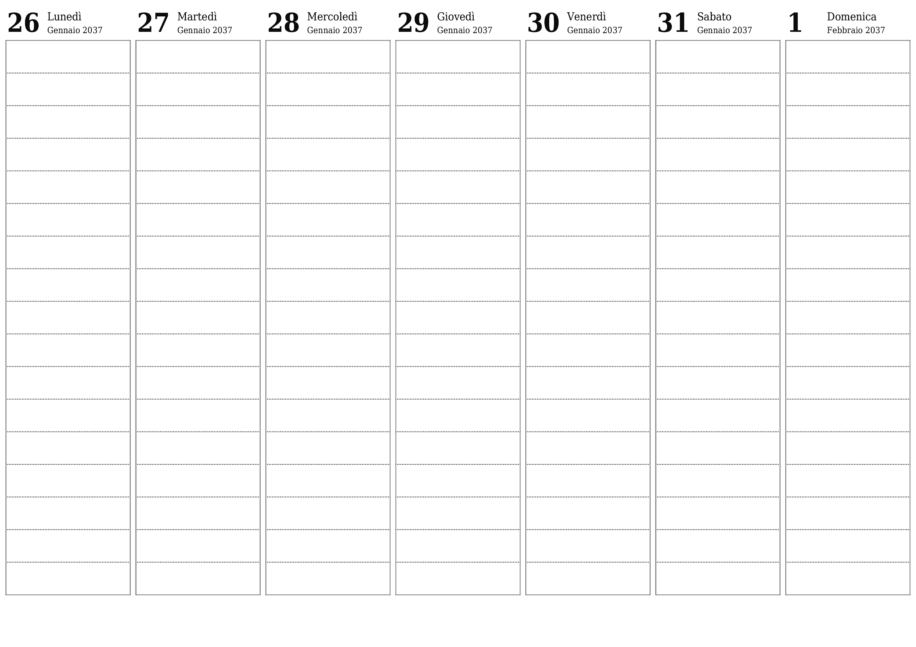 Agenda settimanale vuota per settimane Febbraio 2037 con note, salva e stampa in PDF PNG Italian