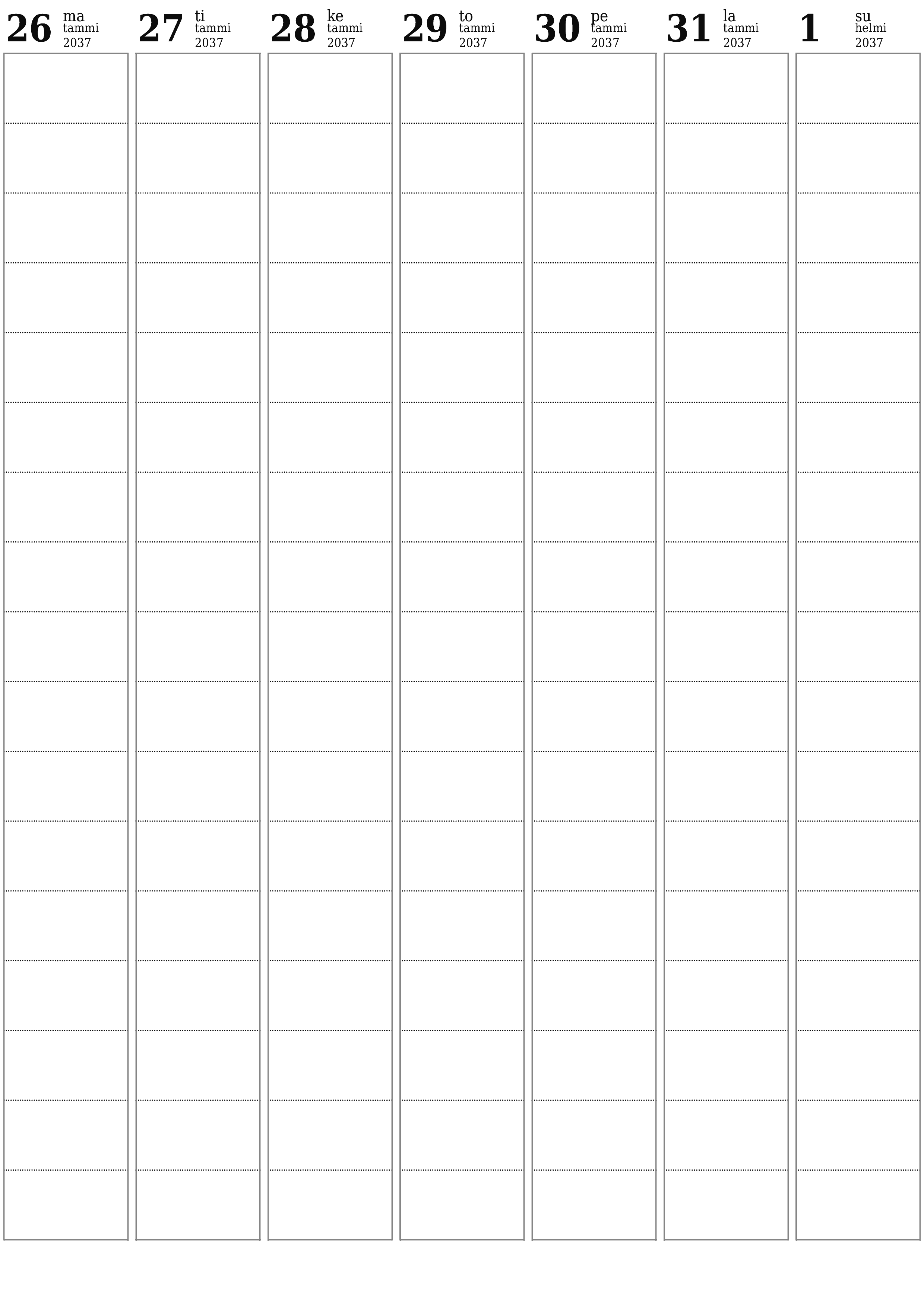 Tyhjennä viikkosuunnittelija viikkojen ajan Helmikuu 2037 muistiinpanoilla, tallenna ja tulosta PDF-muotoon PNG Finnish