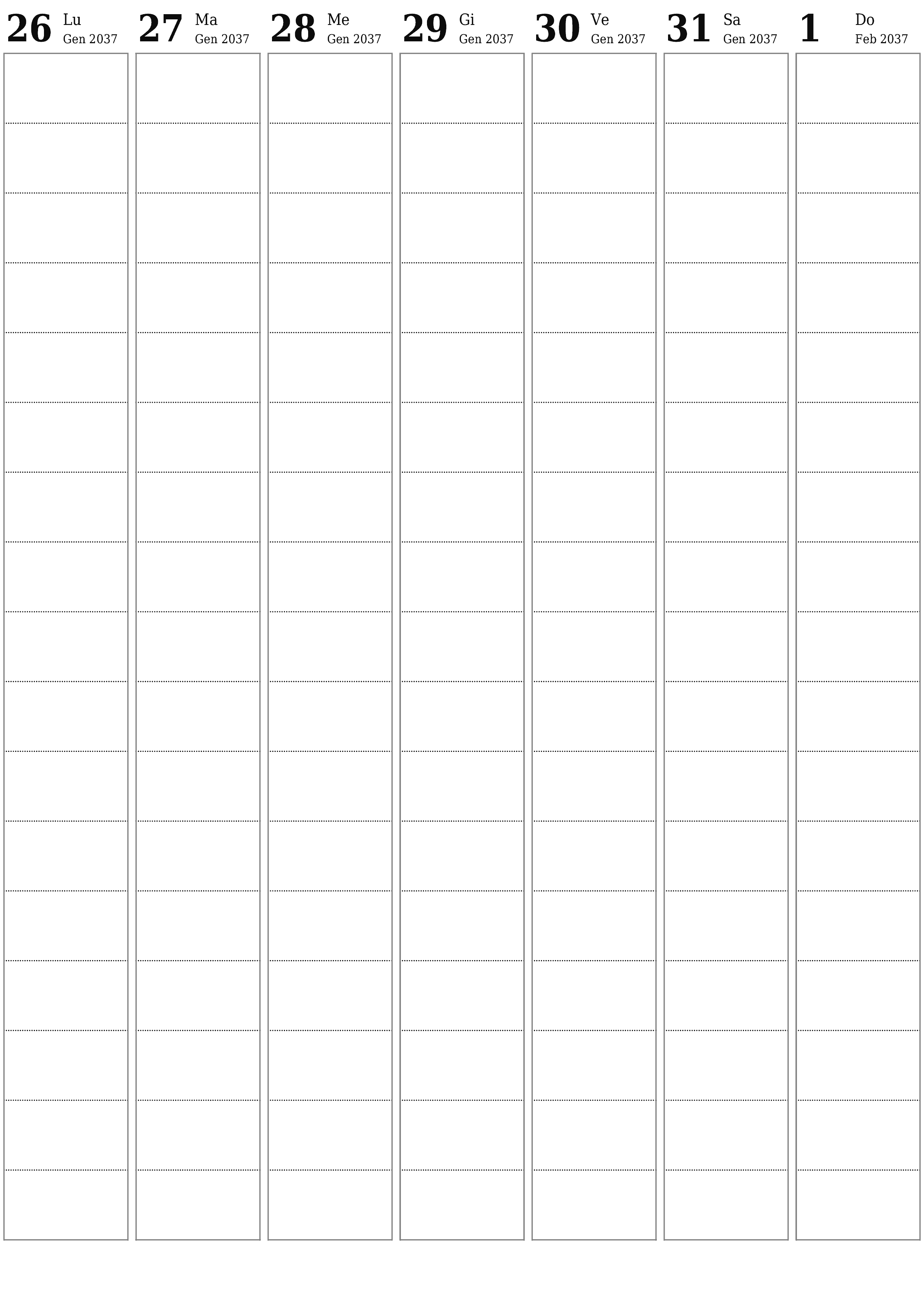 Agenda settimanale vuota per settimane Febbraio 2037 con note, salva e stampa in PDF PNG Italian