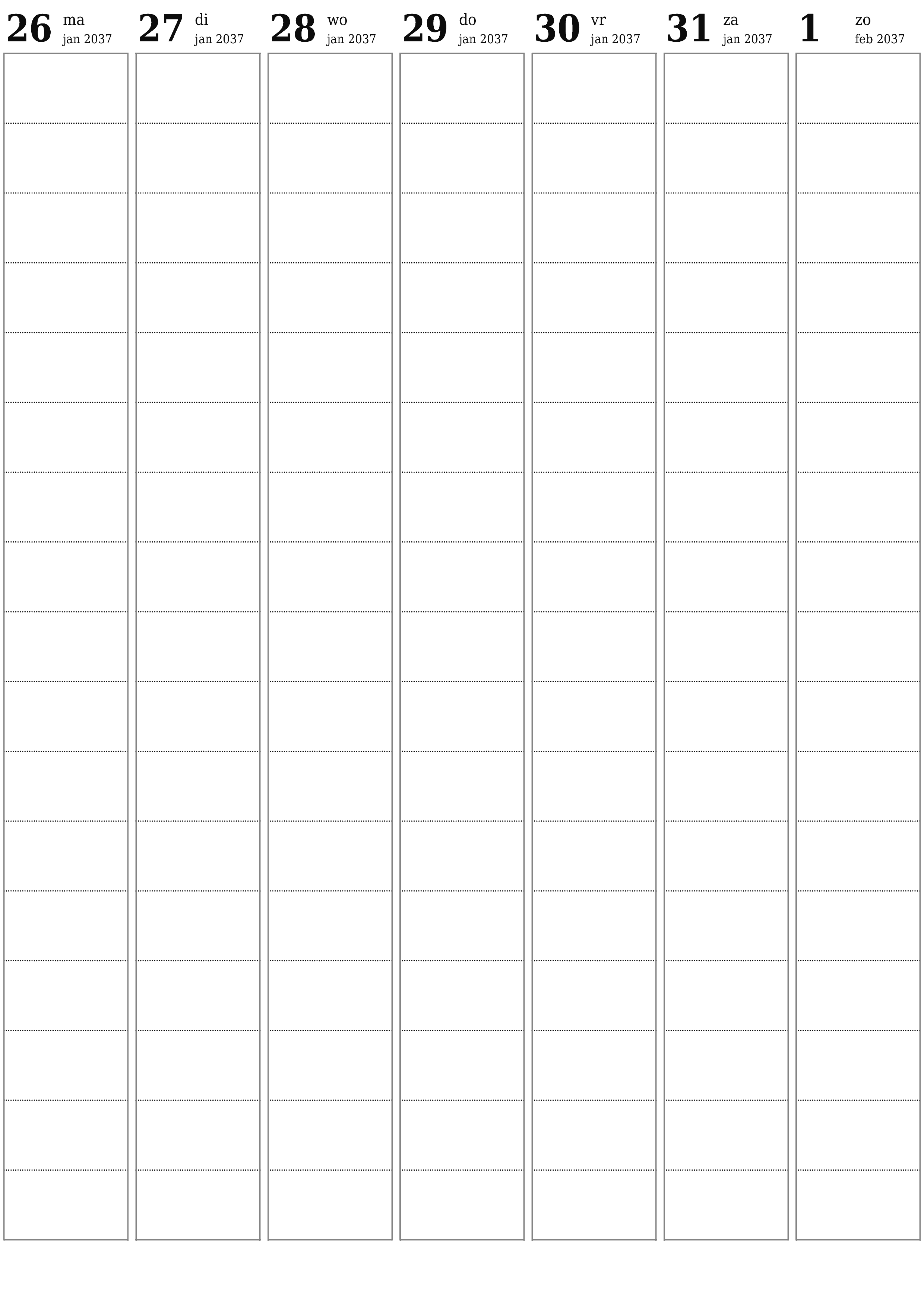 afdrukbare muur sjabloon gratis verticaal Wekelijks planner kalender februari (feb) 2037
