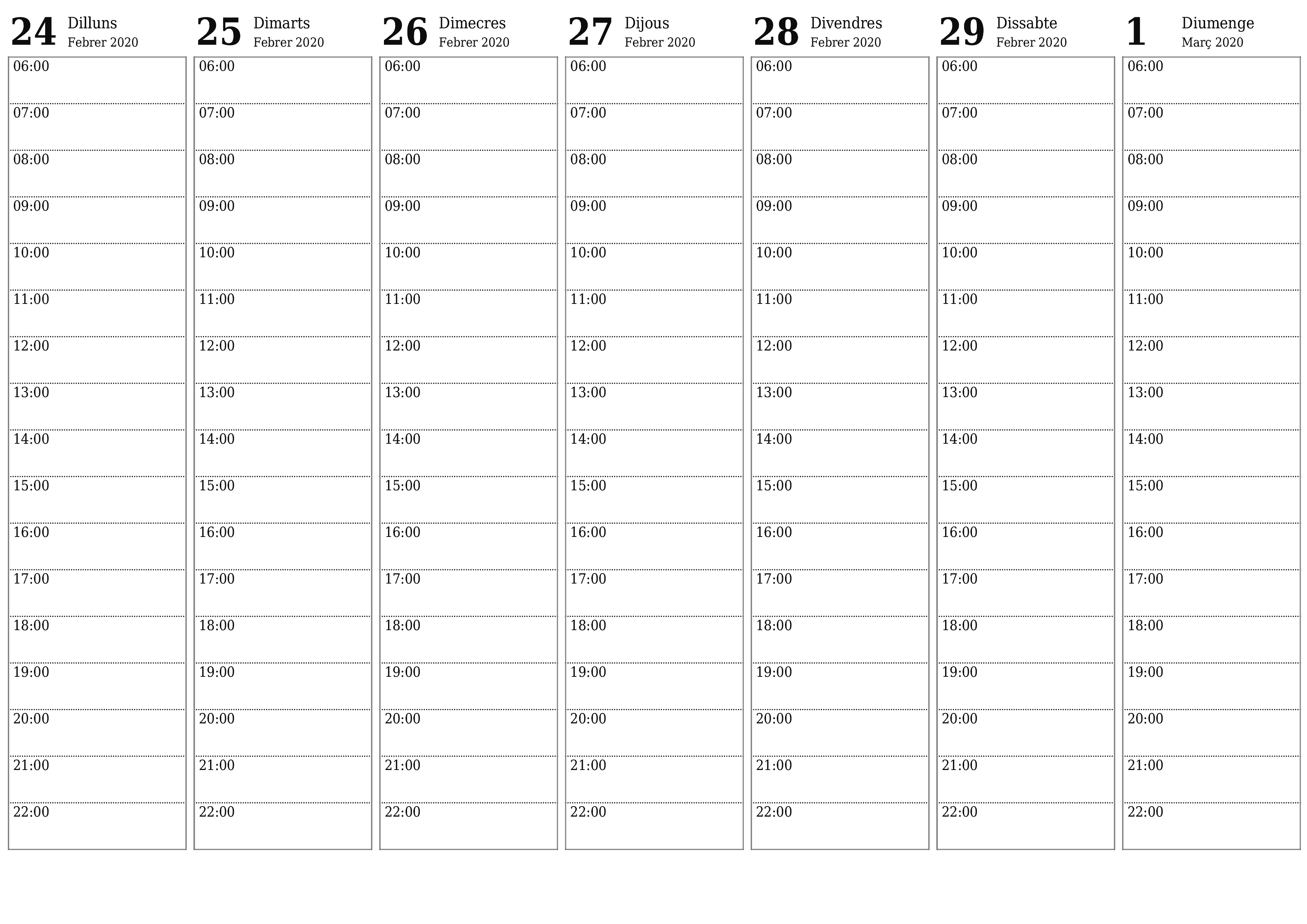 Planificador setmanal buit durant setmanes Març 2020 amb notes, deseu-lo i imprimiu-lo en format PDF PNG Catalan