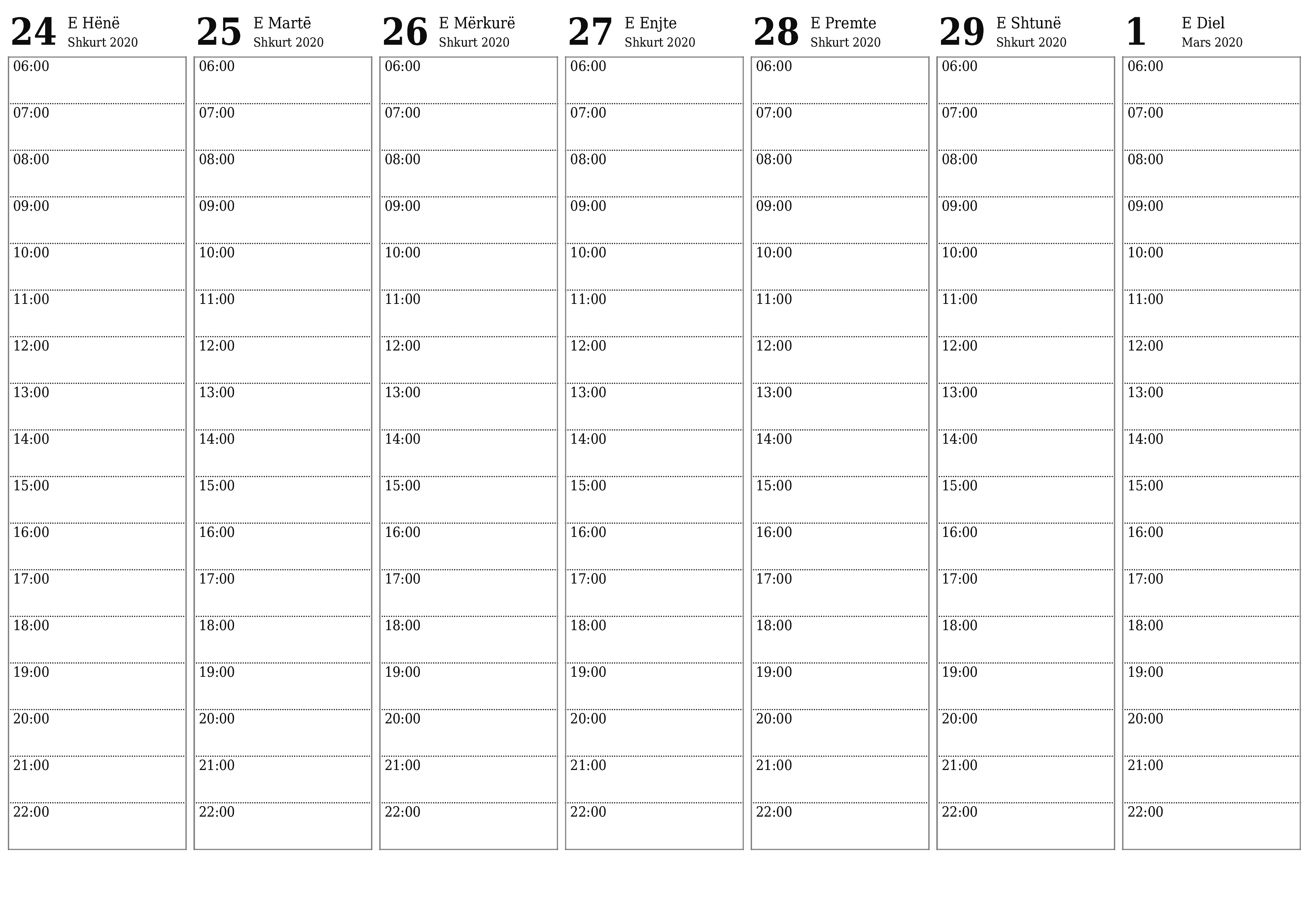 Planifikuesi bosh javor i kalendarit për javë Mars 2020 me shënime, ruani dhe printoni në PDF PNG Albanian