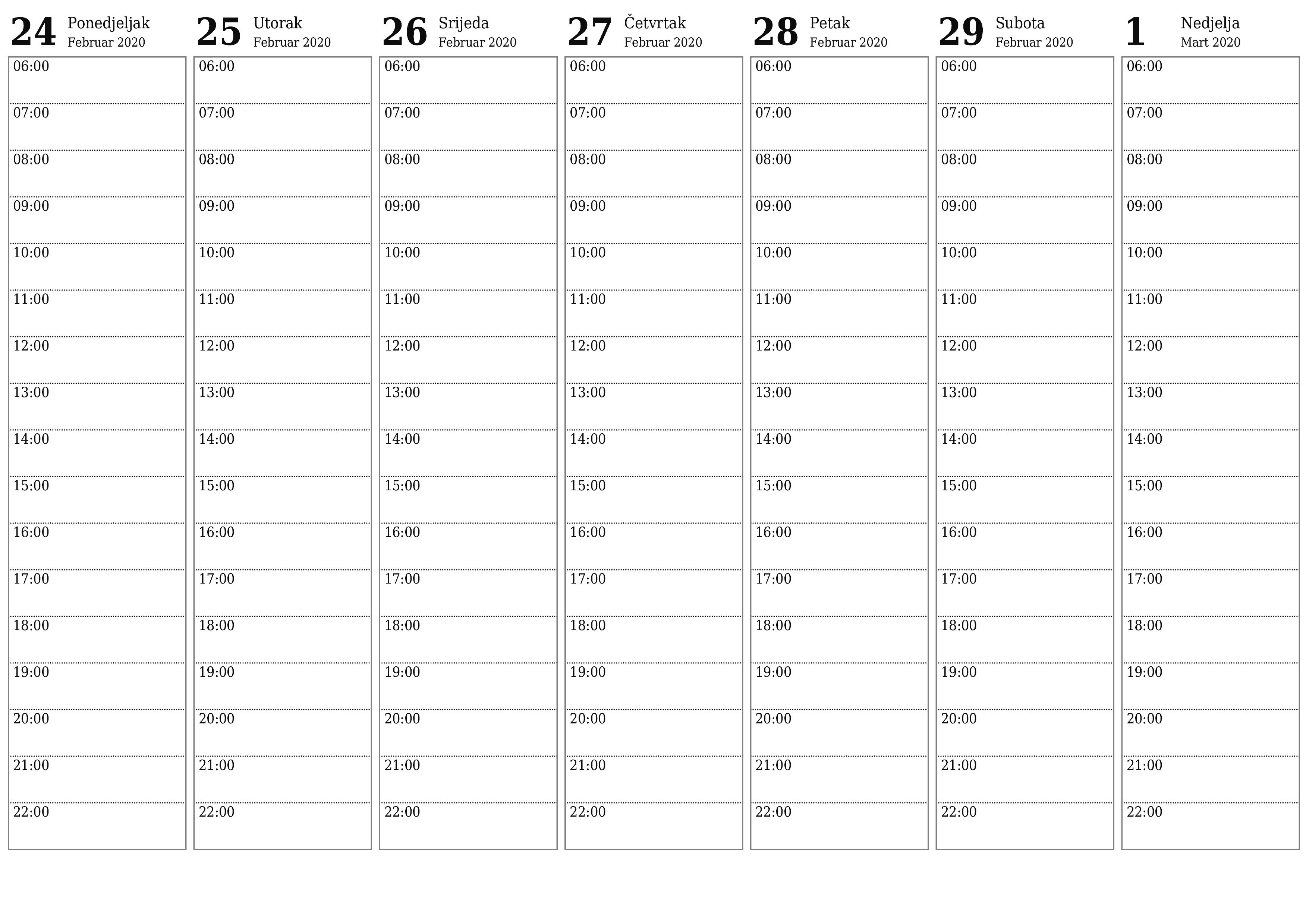 Ispraznite sedmični planer za sedmice Mart 2020 s bilješkama, spremite i ispišite u PDF PNG Bosnian