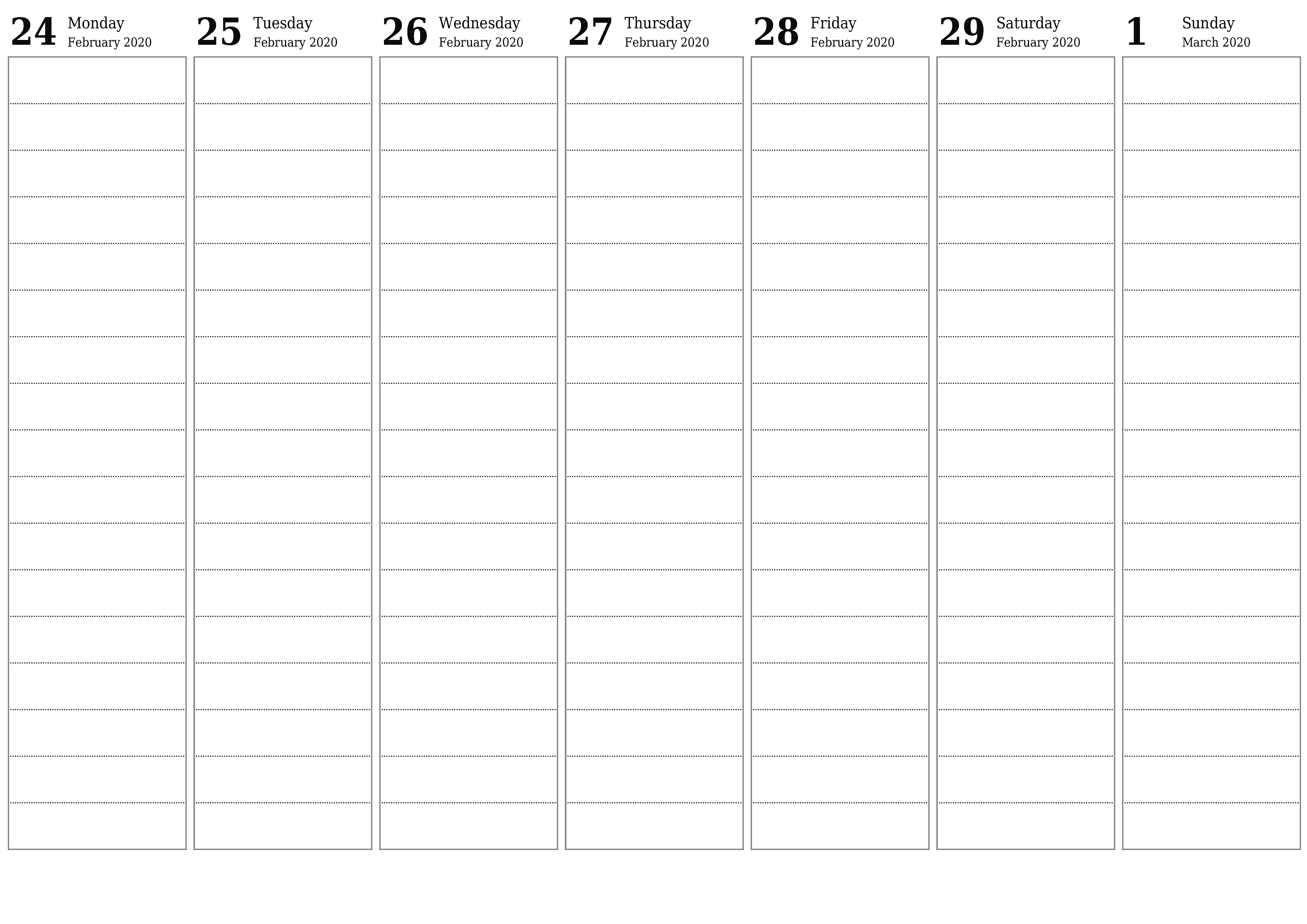 Blank weekly printable calendar and planner for week March 2020 with notes, save and print to PDF PNG English