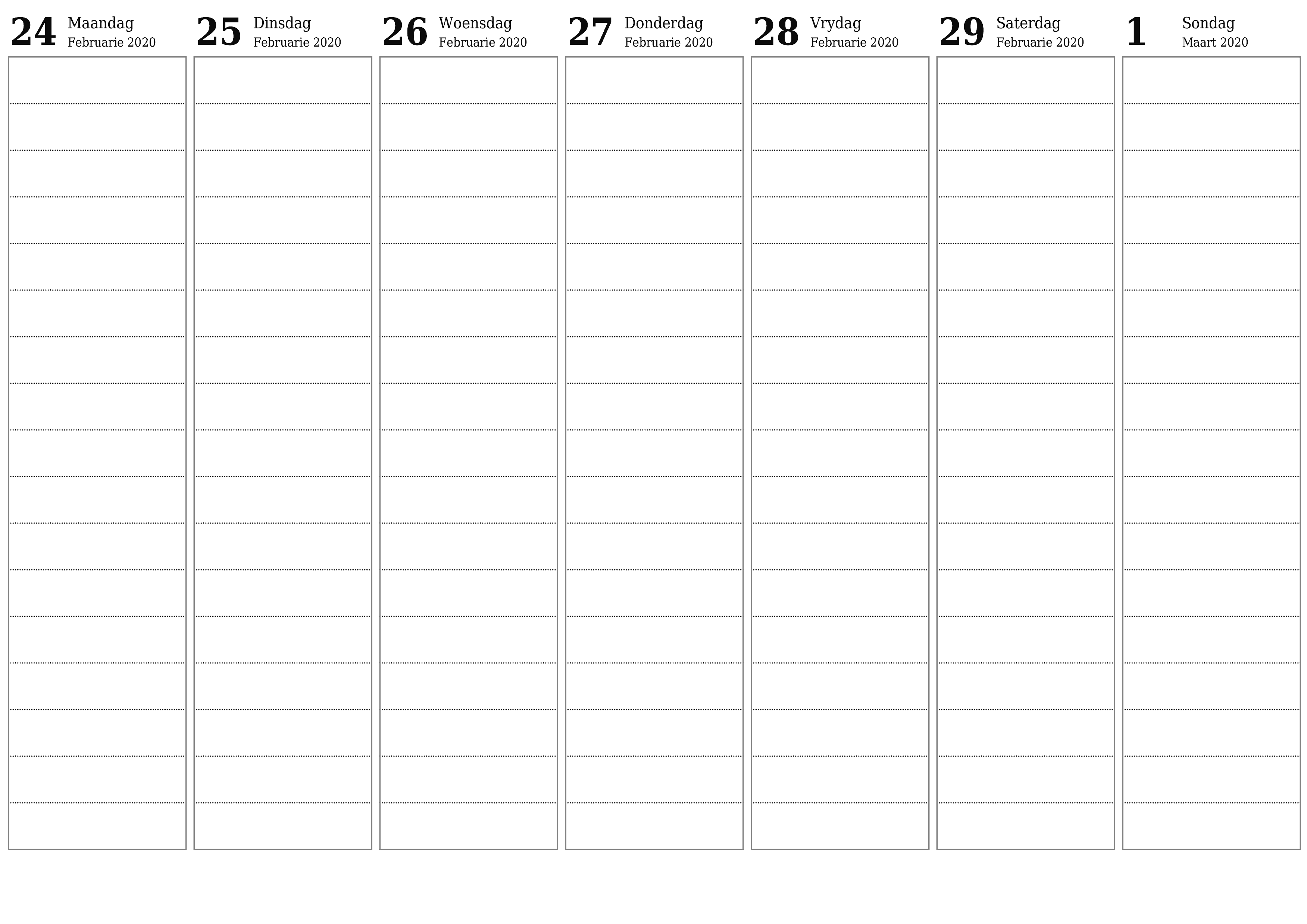 Leë weeklikse drukbare kalender en beplanner vir week Maart 2020 met notas, stoor en druk na PDF PNG Afrikaans