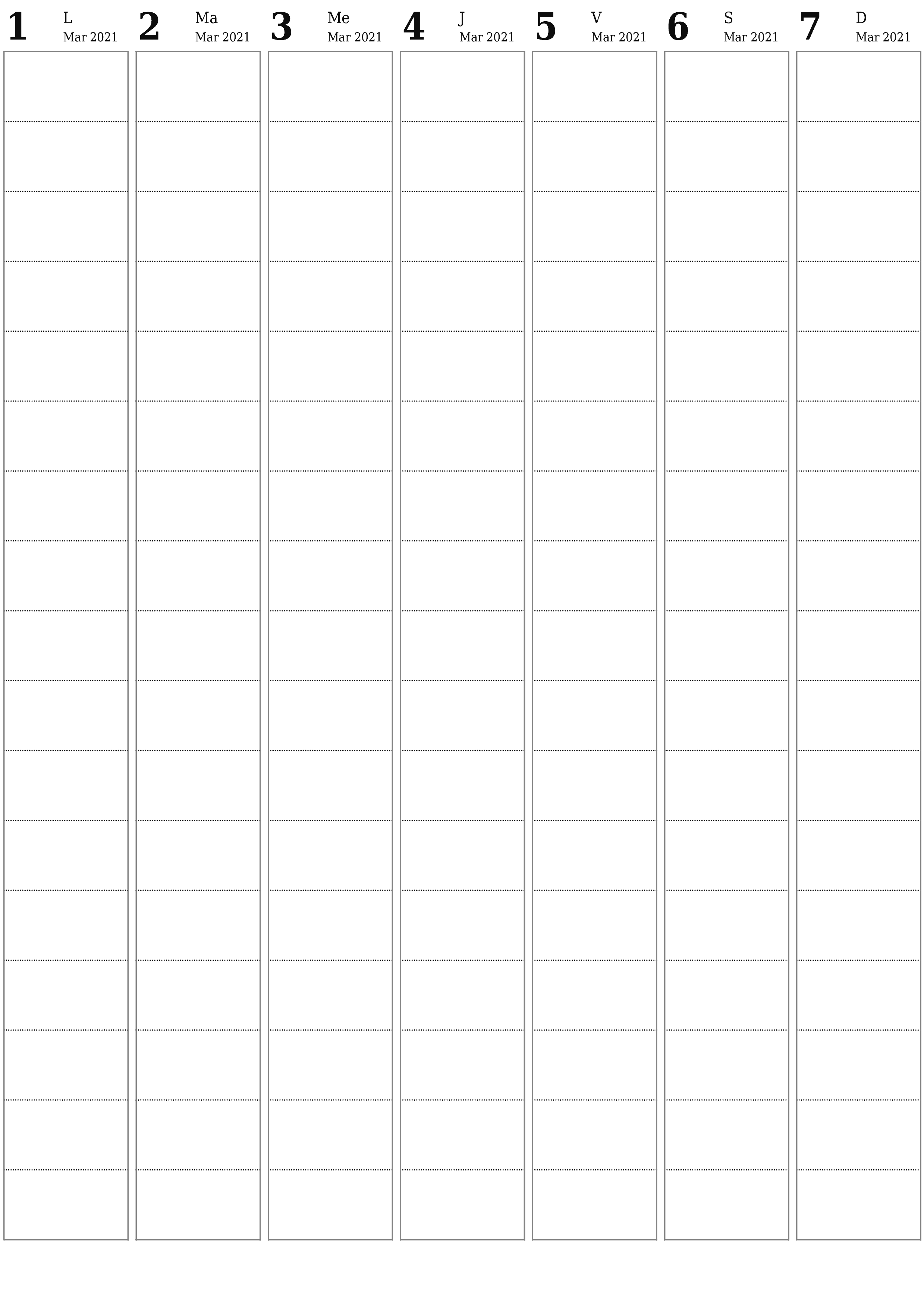 Agenda hebdomadaire vide pendant des semaines Mars 2021 avec notes, enregistrez et imprimez au format PDF PNG French