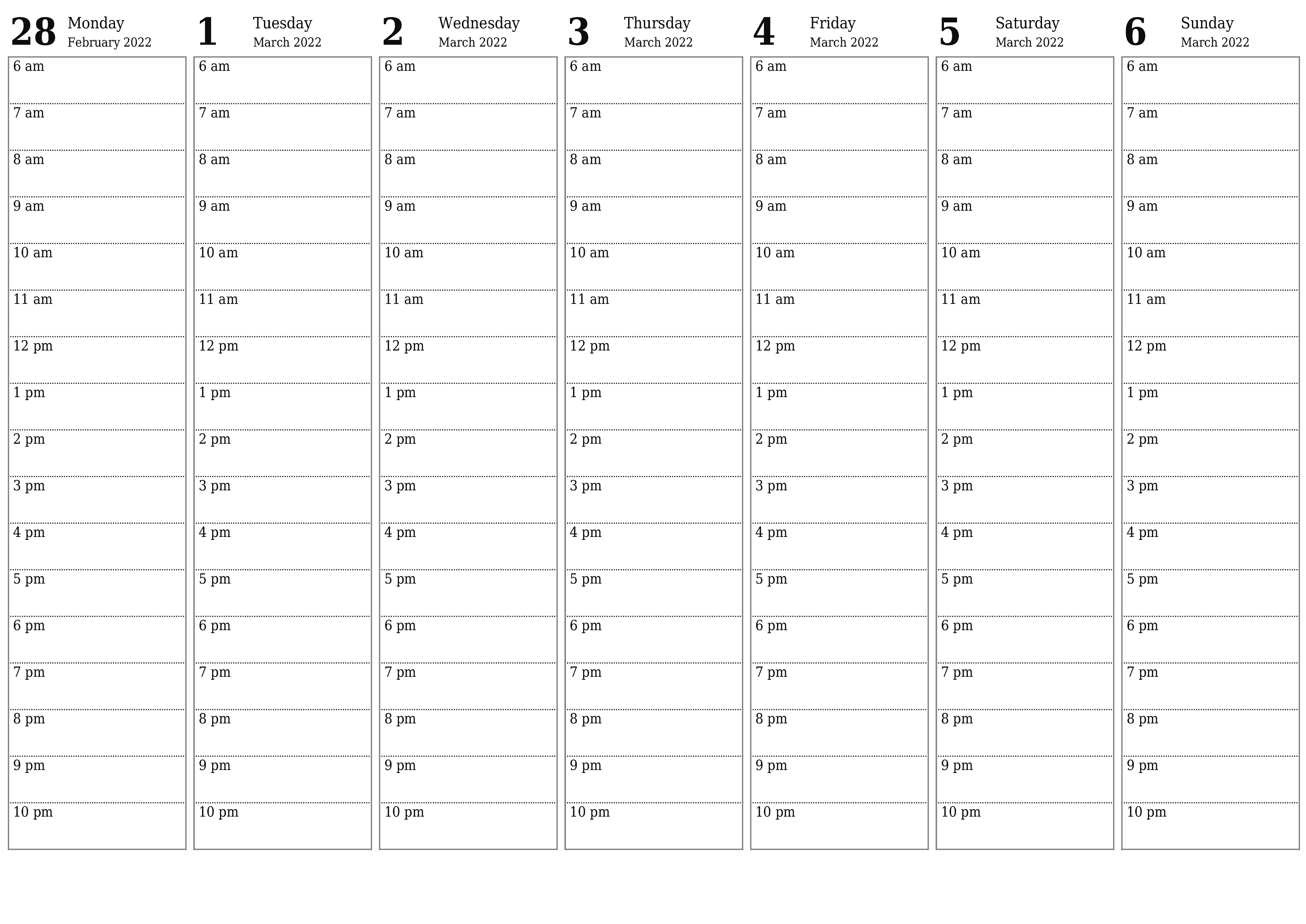 Blank weekly printable calendar and planner for week March 2022 with notes, save and print to PDF PNG English