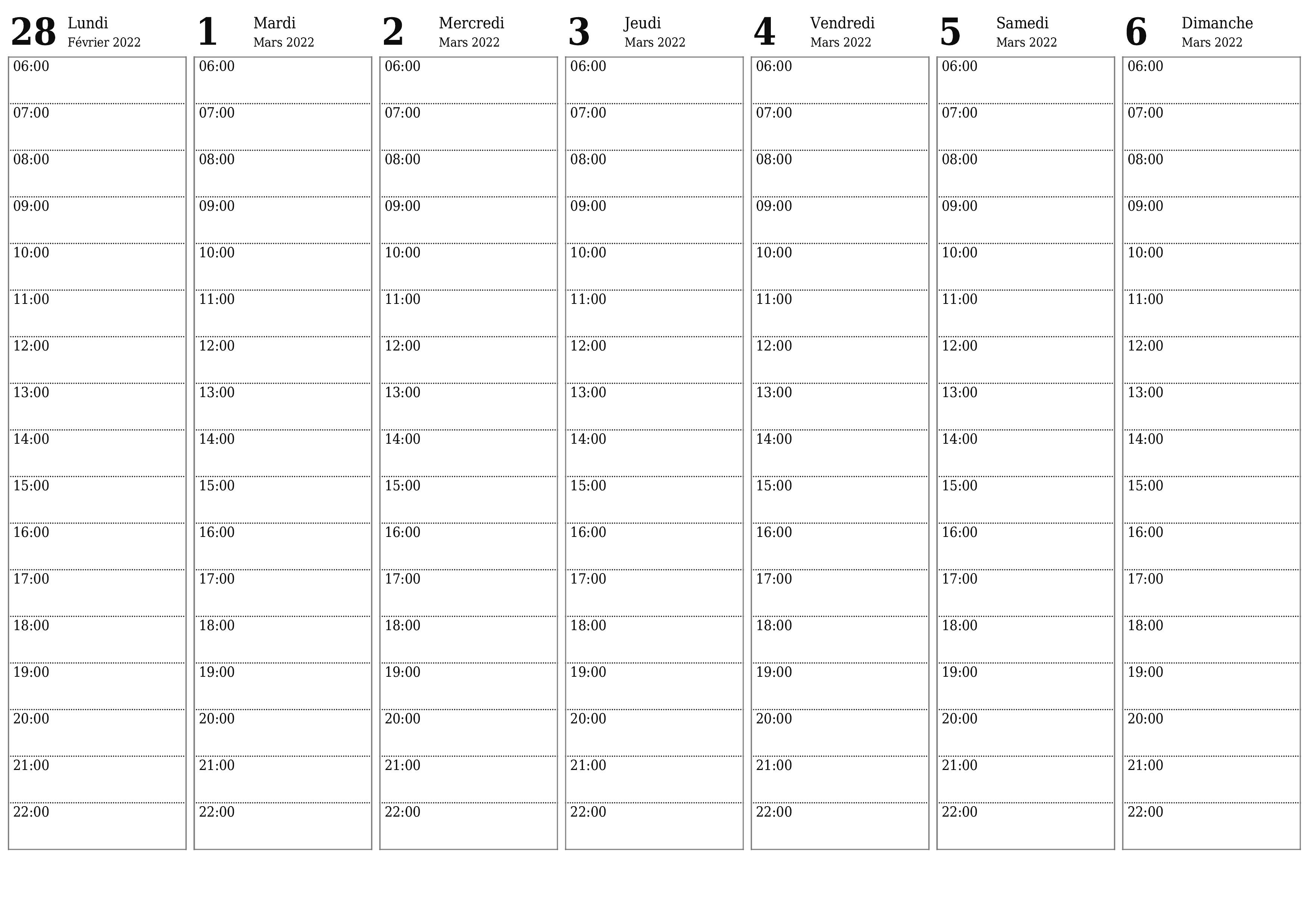 Agenda hebdomadaire vide pendant des semaines Mars 2022 avec notes, enregistrez et imprimez au format PDF PNG French