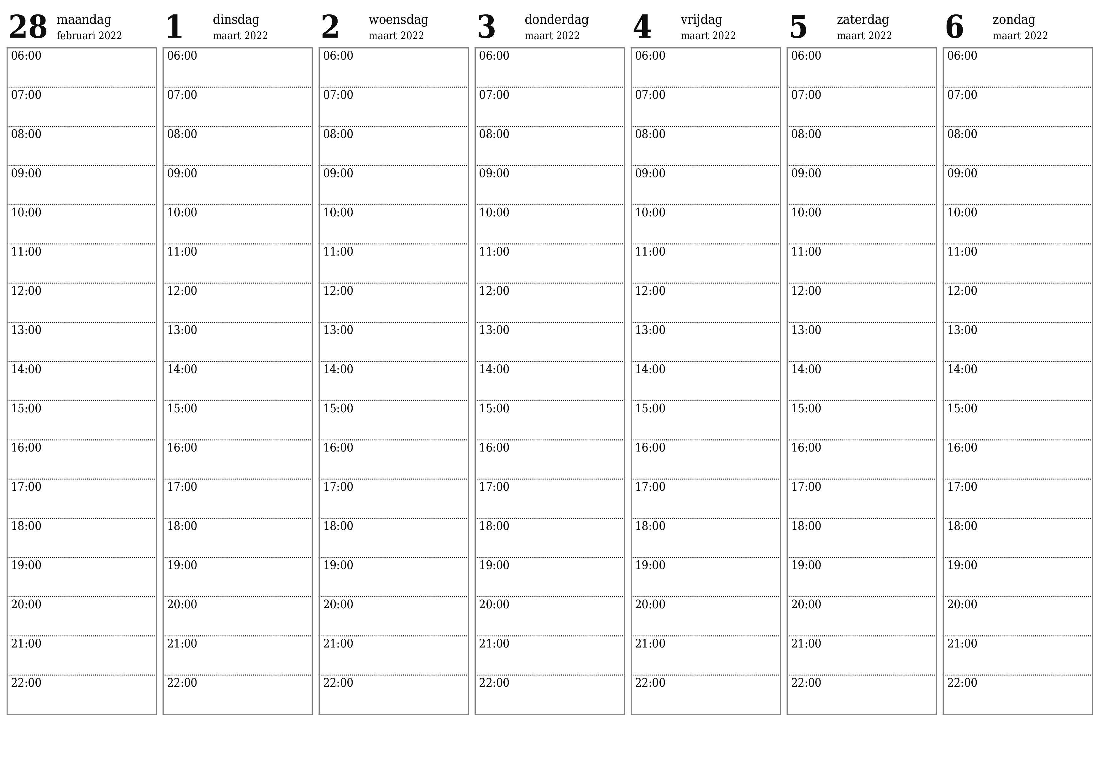 Lege weekplanner voor weken maart 2022 met notities, opslaan en afdrukken naar pdf PNG Dutch - 7calendar.com