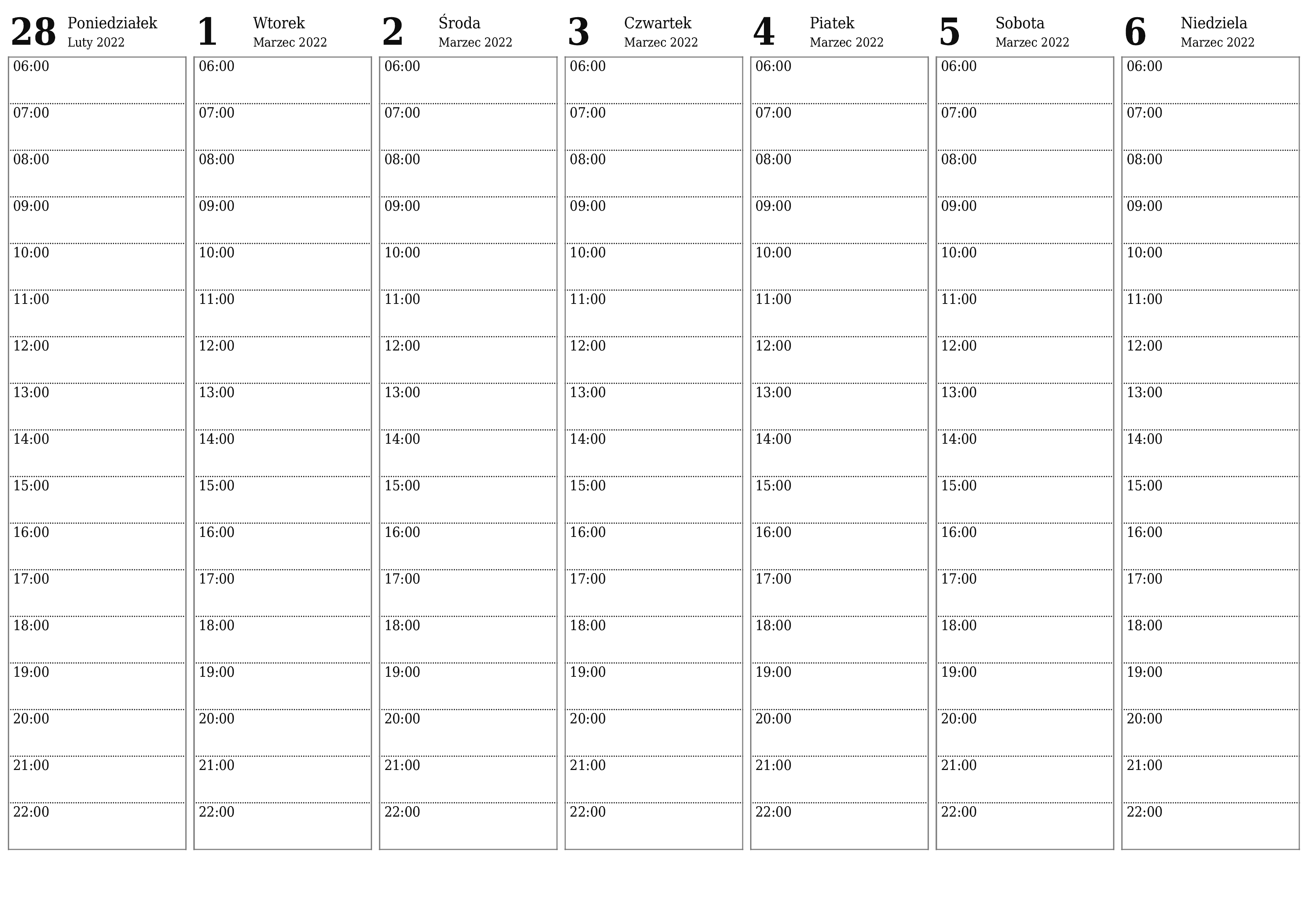 Opróżnij tygodniowy planer na tygodnie Marzec 2022 z notatkami, zapisz i wydrukuj w formacie PDF PNG Polish