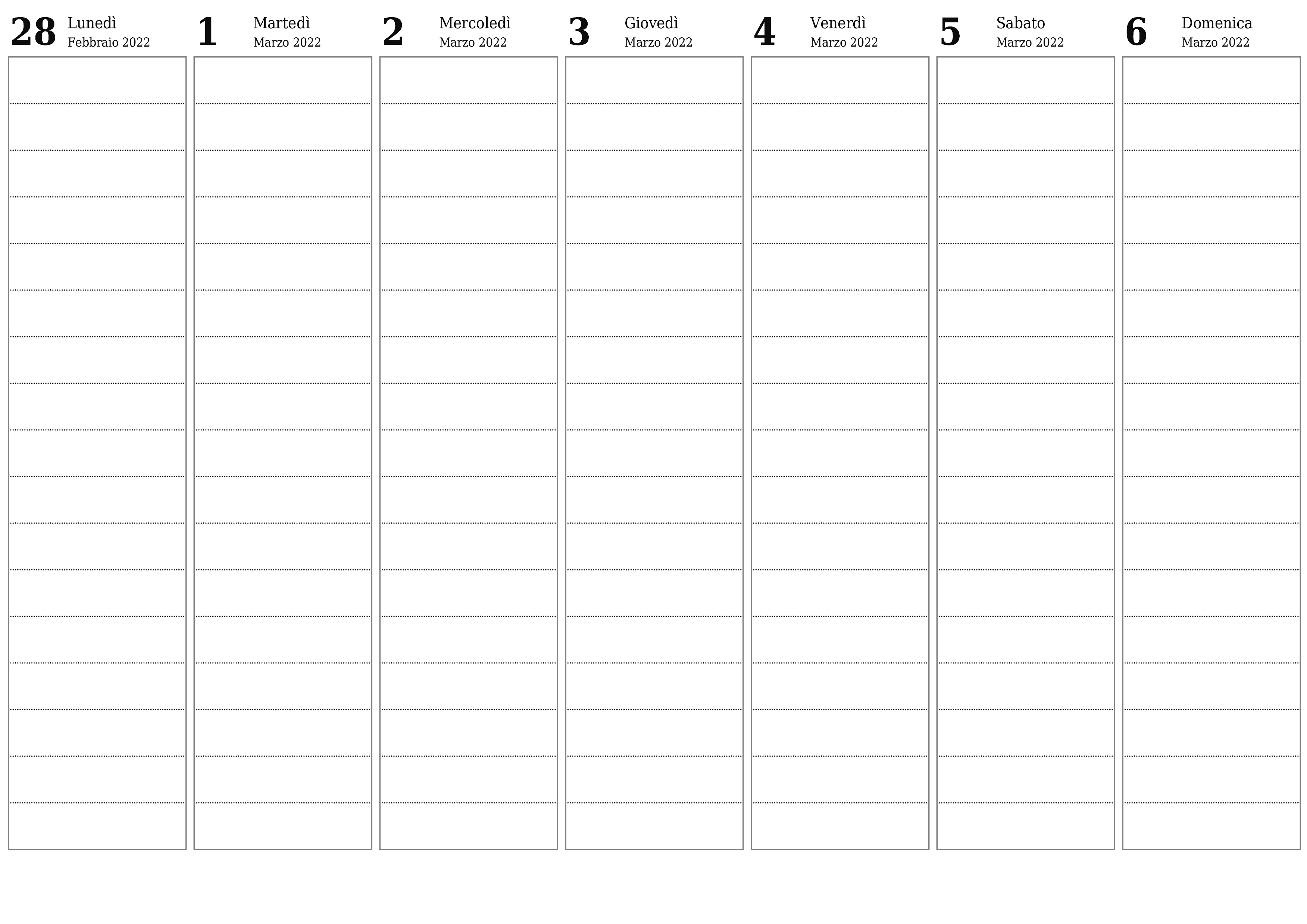 Agenda settimanale vuota per settimane Marzo 2022 con note, salva e stampa in PDF PNG Italian