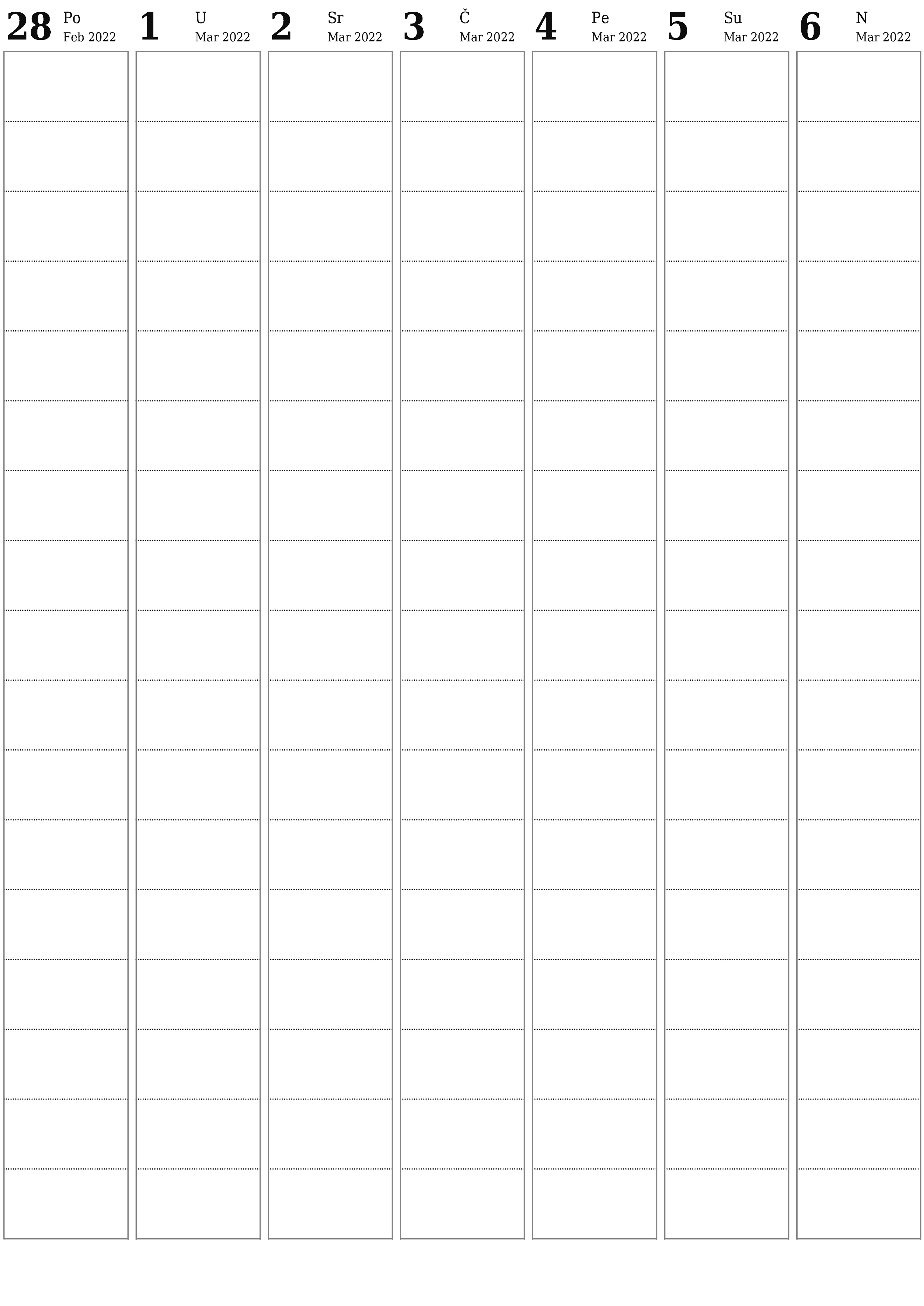  za štampanje zidni šablon a besplatni vertikalno Tjedno planer kalendar Mart (Mar) 2022