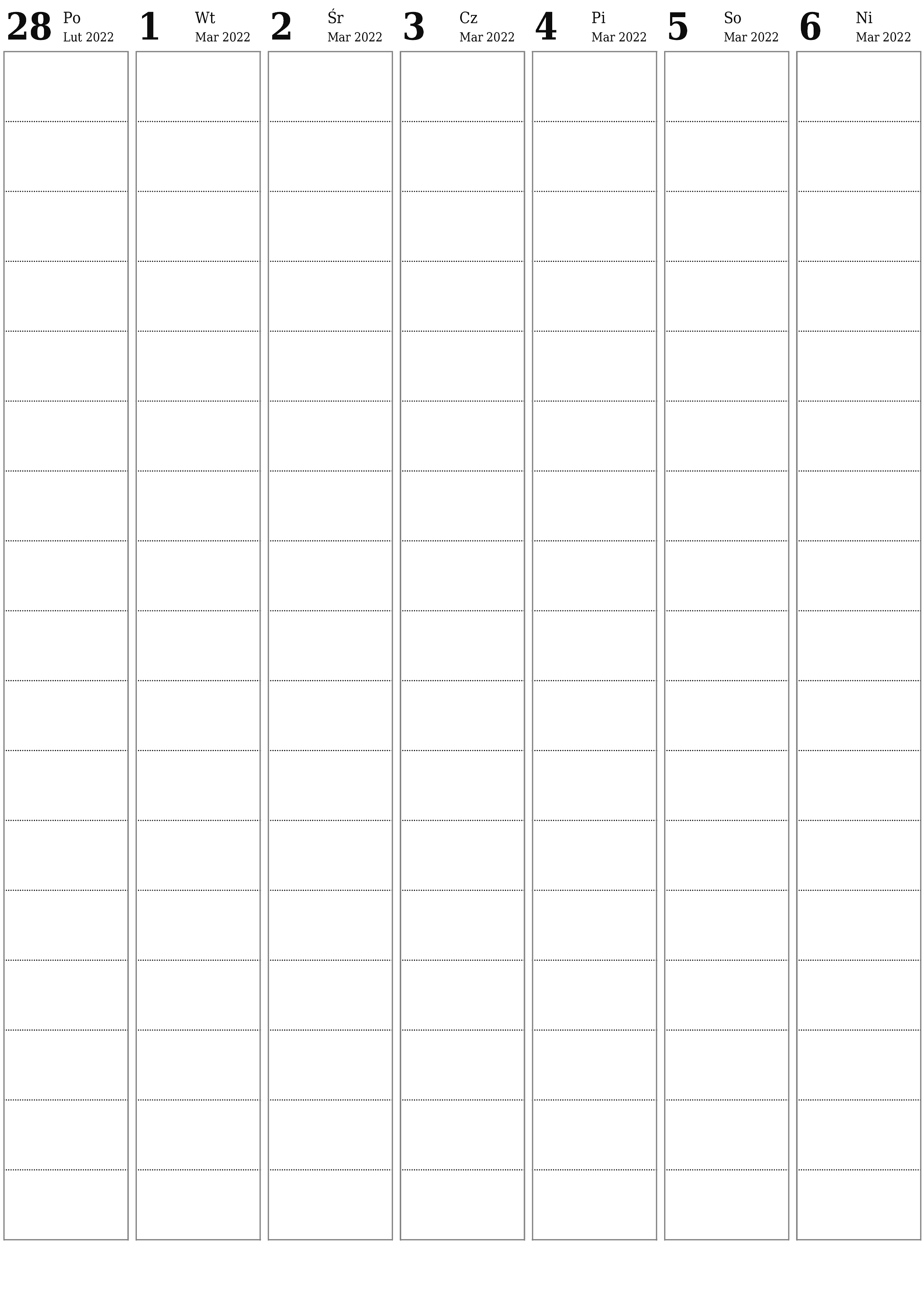 Opróżnij tygodniowy planer na tygodnie Marzec 2022 z notatkami, zapisz i wydrukuj w formacie PDF PNG Polish