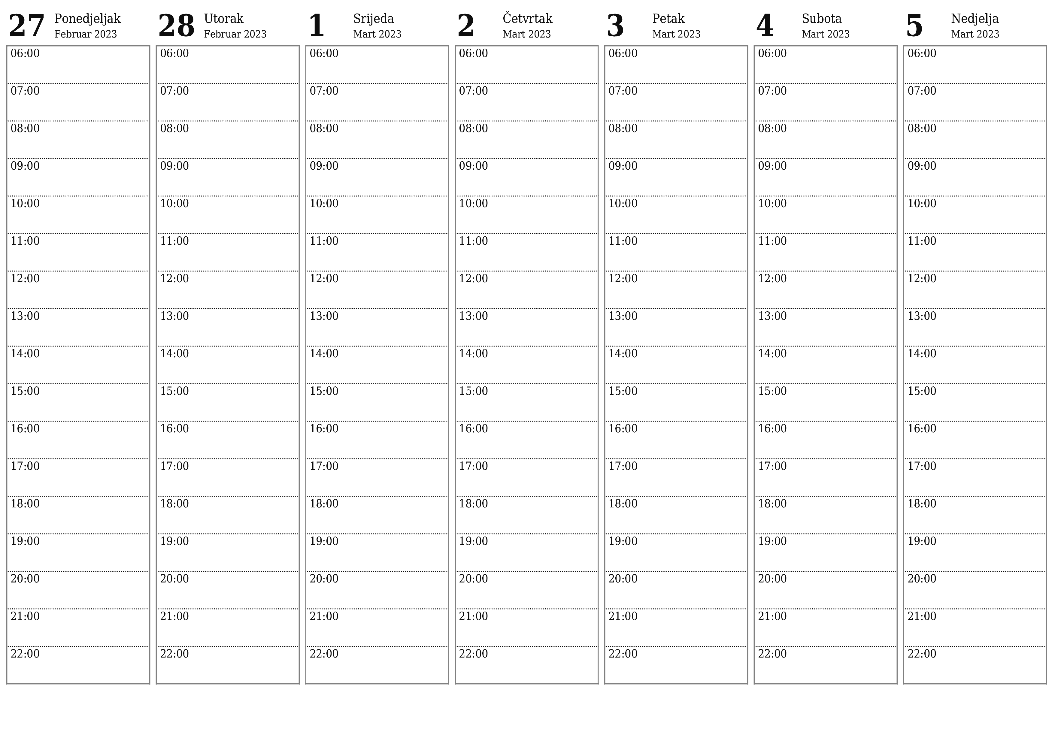 Prazan sedmični kalendar za sedmicu Mart 2023 spremite i ispišite u PDF PNG Bosnian - 7calendar.com