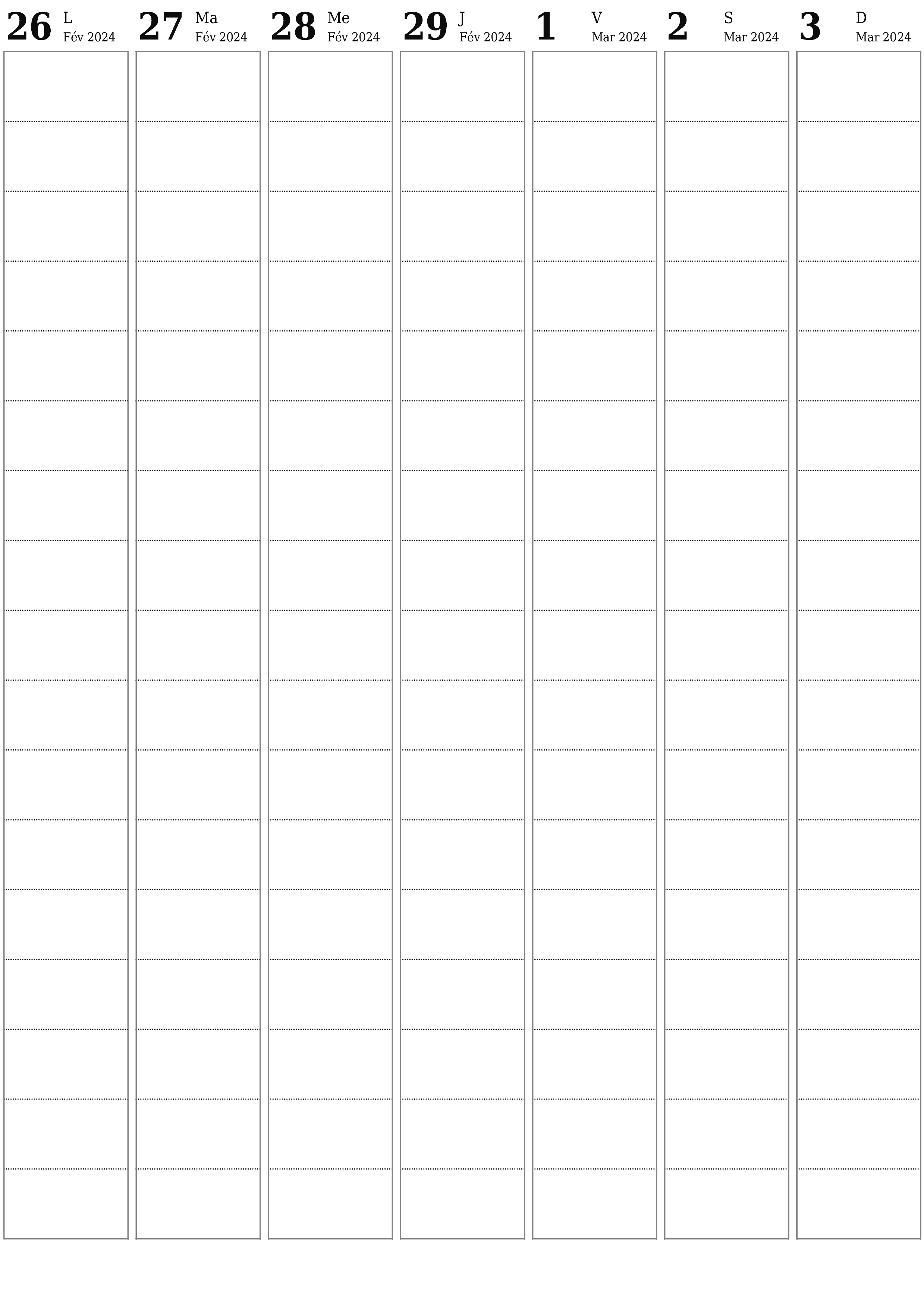 Agenda hebdomadaire vide pendant des semaines Mars 2024 avec notes, enregistrez et imprimez au format PDF PNG French