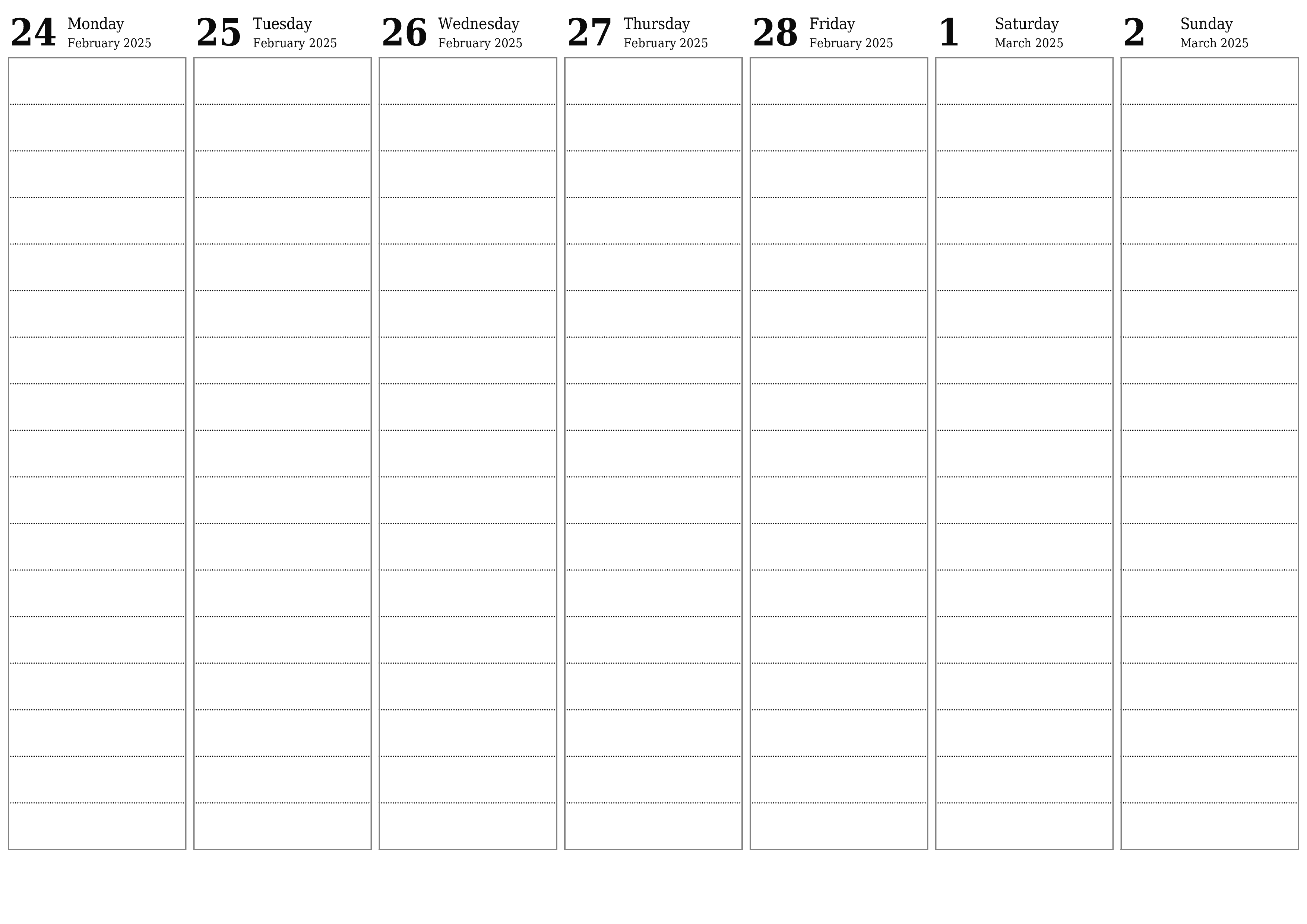 Blank weekly printable calendar and planner for week March 2025 with notes, save and print to PDF PNG English