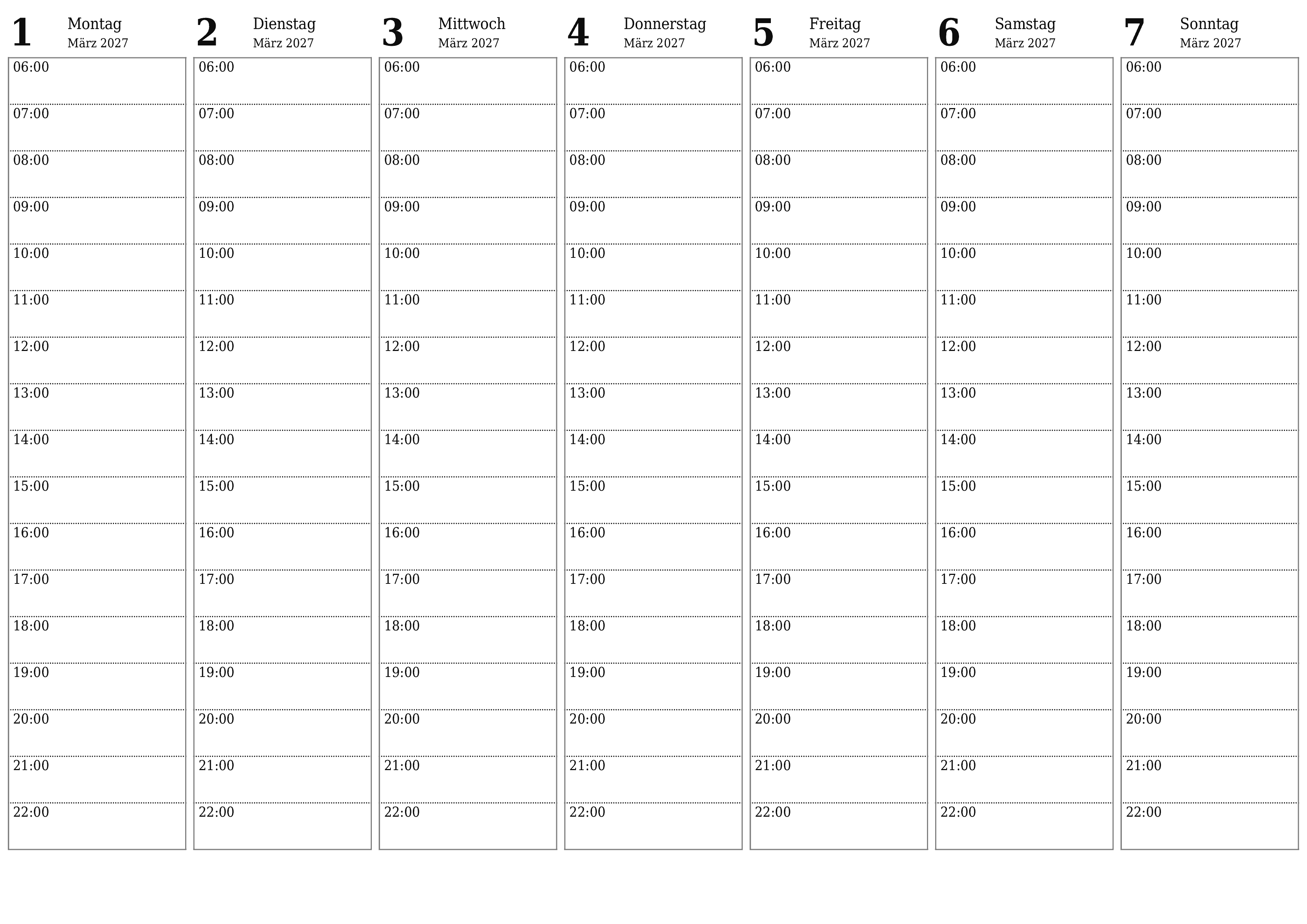 Wochenplaner für Wochen März 2027 mit Notizen leeren, speichern und als PDF drucken PNG German