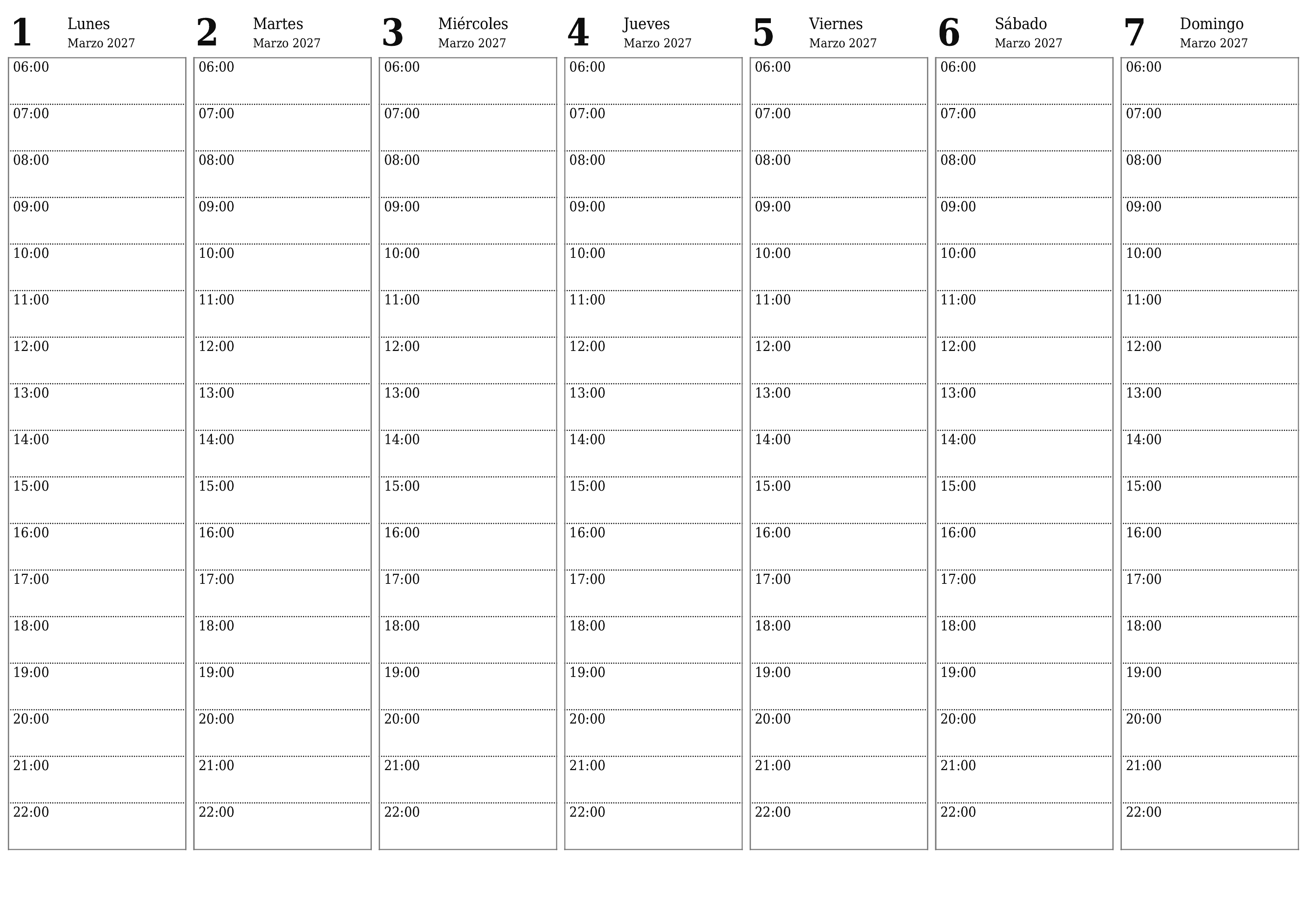 Planificador semanal vacío para semanas Marzo 2027 con notas, guardar e imprimir en PDF PNG Spanish