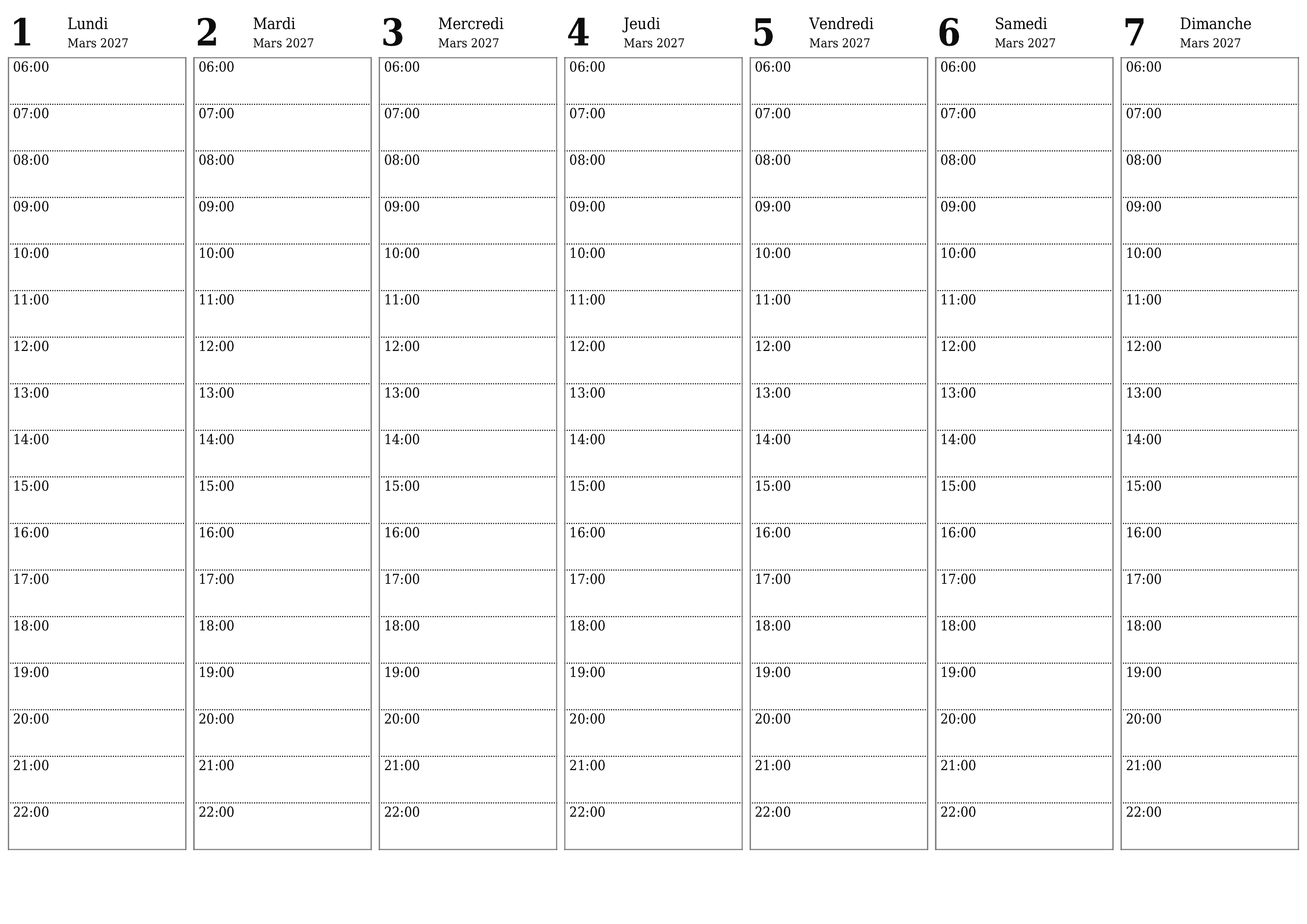 Agenda hebdomadaire vide pendant des semaines Mars 2027 avec notes, enregistrez et imprimez au format PDF PNG French