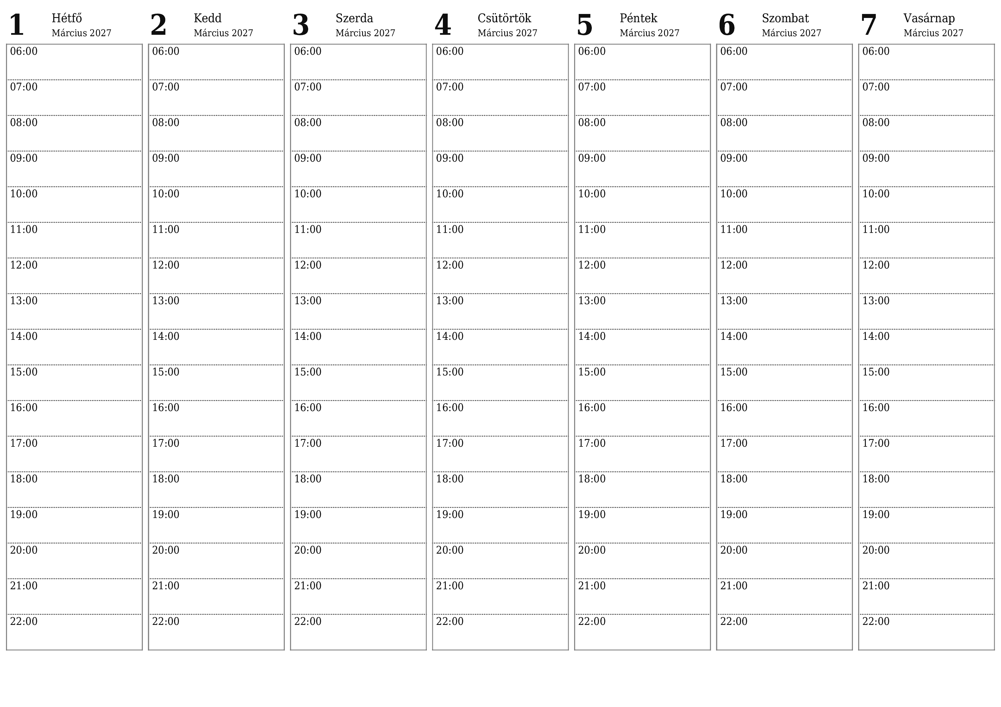 Heti tervező ürítése hetekre Március 2027 jegyzetekkel, mentés és nyomtatás PDF-be PNG Hungarian