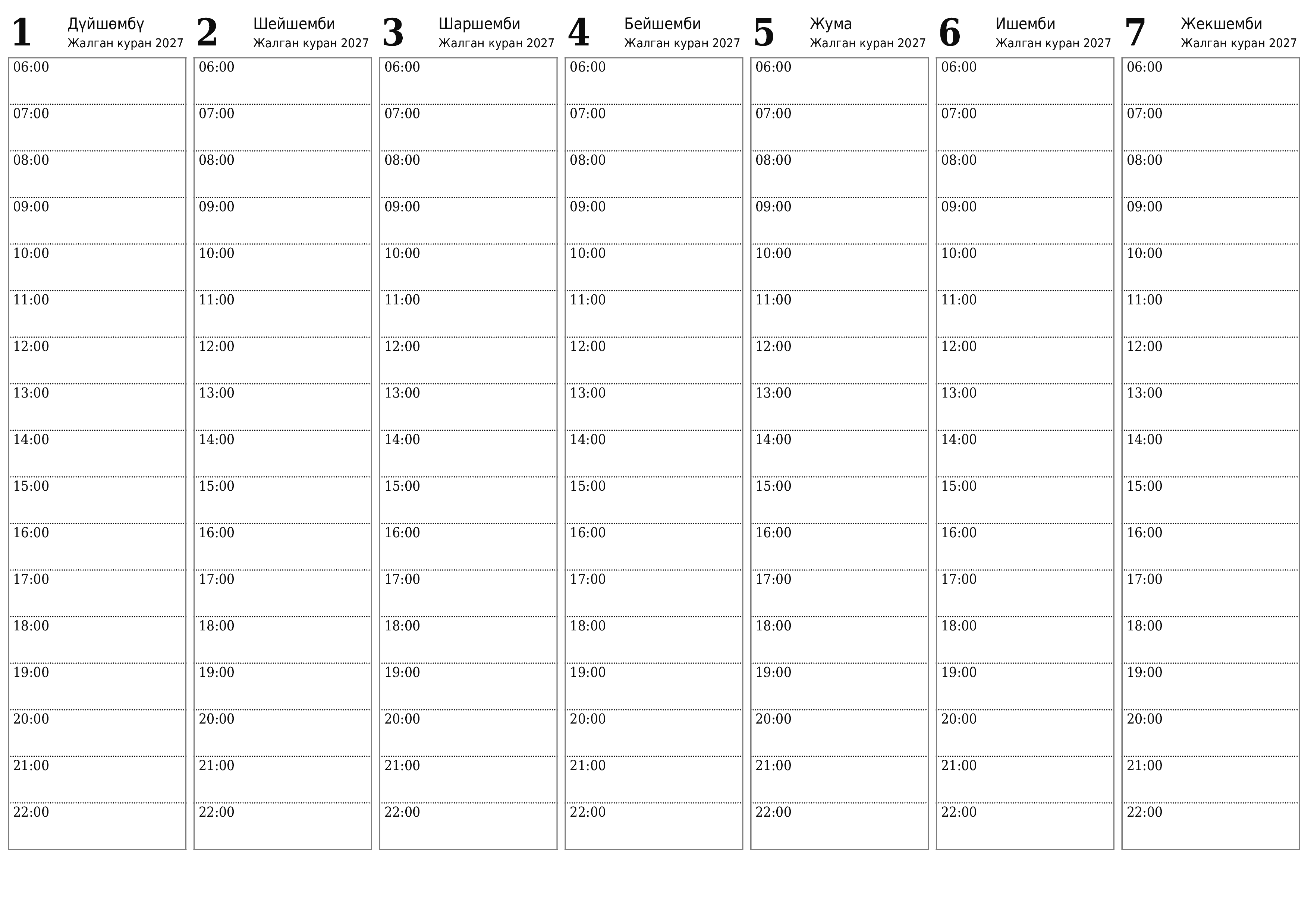 PDF PNG Kyrgyz форматында басып чыгаруу үчүн эскертүүлөр менен Жалган куран 2027 үчүн бош жумалык календардык пландоочу