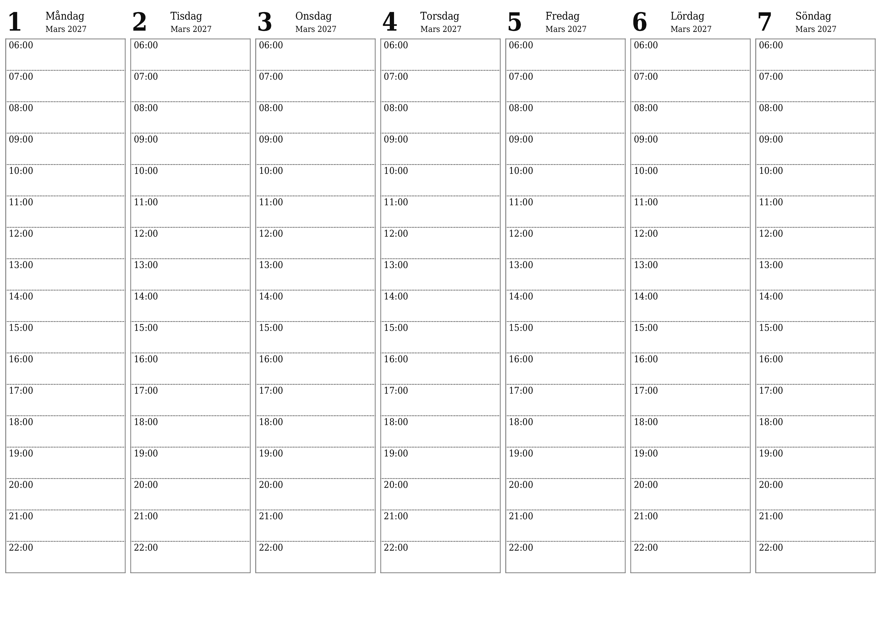 Töm veckoplaneraren i veckor Mars 2027 med anteckningar, spara och skriv ut till PDF PNG Swedish