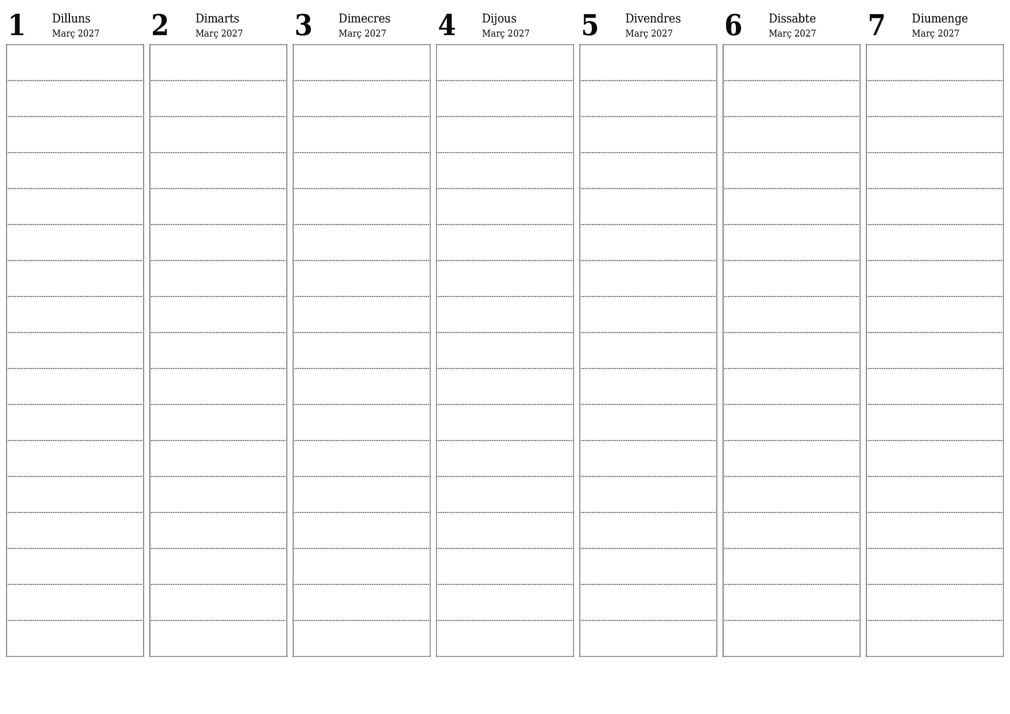 Planificador setmanal buit durant setmanes Març 2027 amb notes, deseu-lo i imprimiu-lo en format PDF PNG Catalan