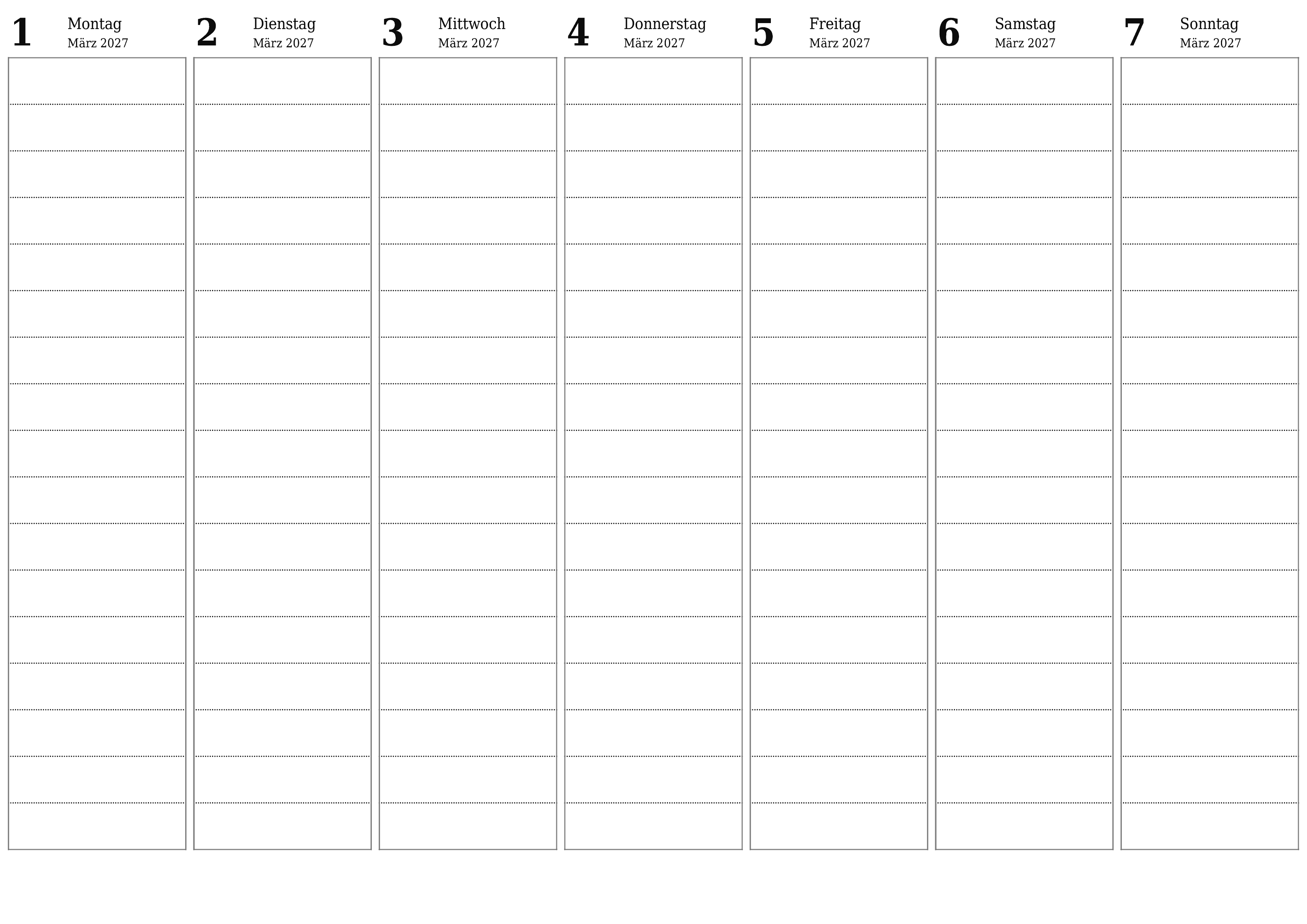 Wochenplaner für Wochen März 2027 mit Notizen leeren, speichern und als PDF drucken PNG German