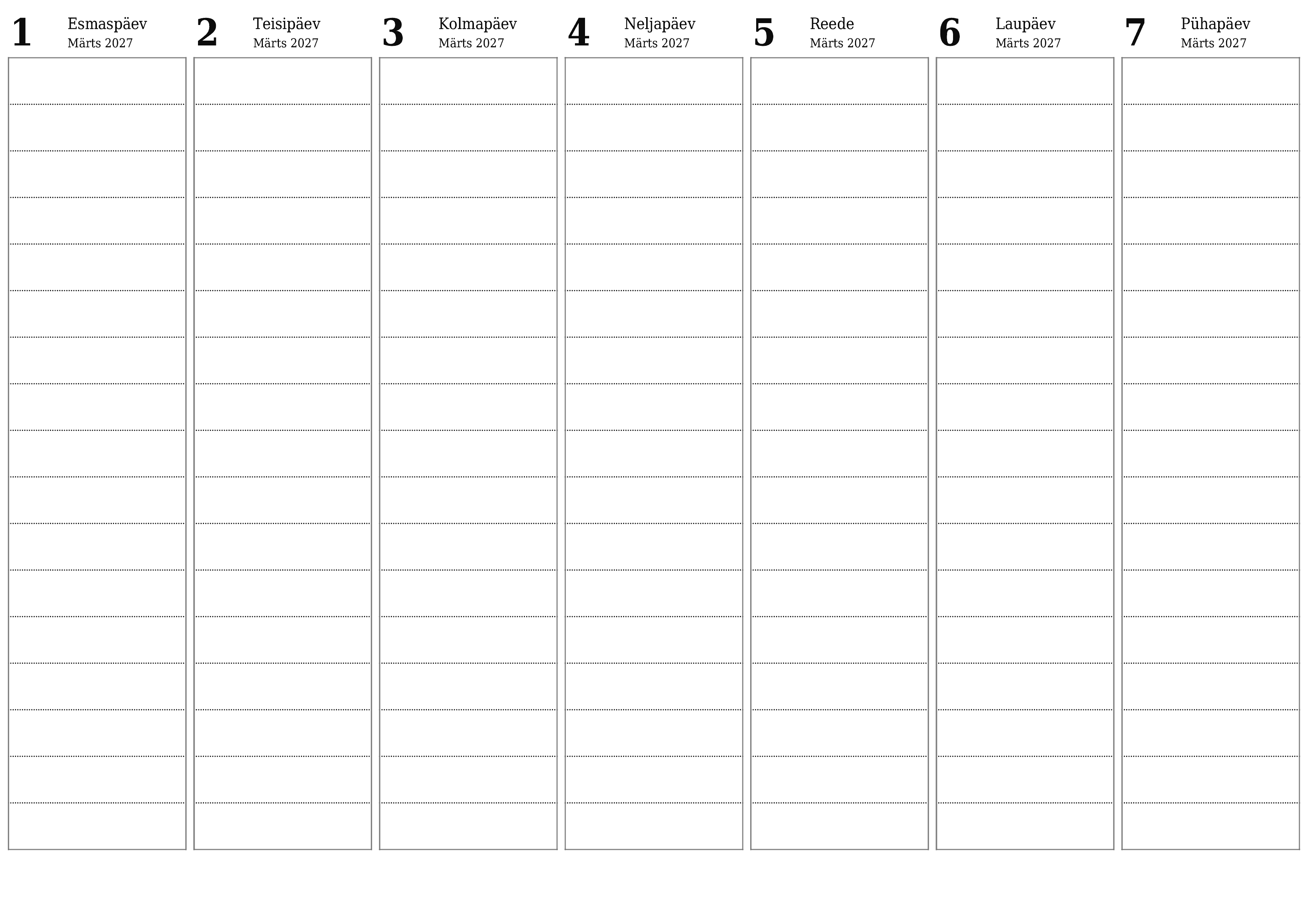 Tühjendage nädala planeerija nädalaid Märts 2027 märkmetega, salvestage ja printige PDF-i PNG Estonian