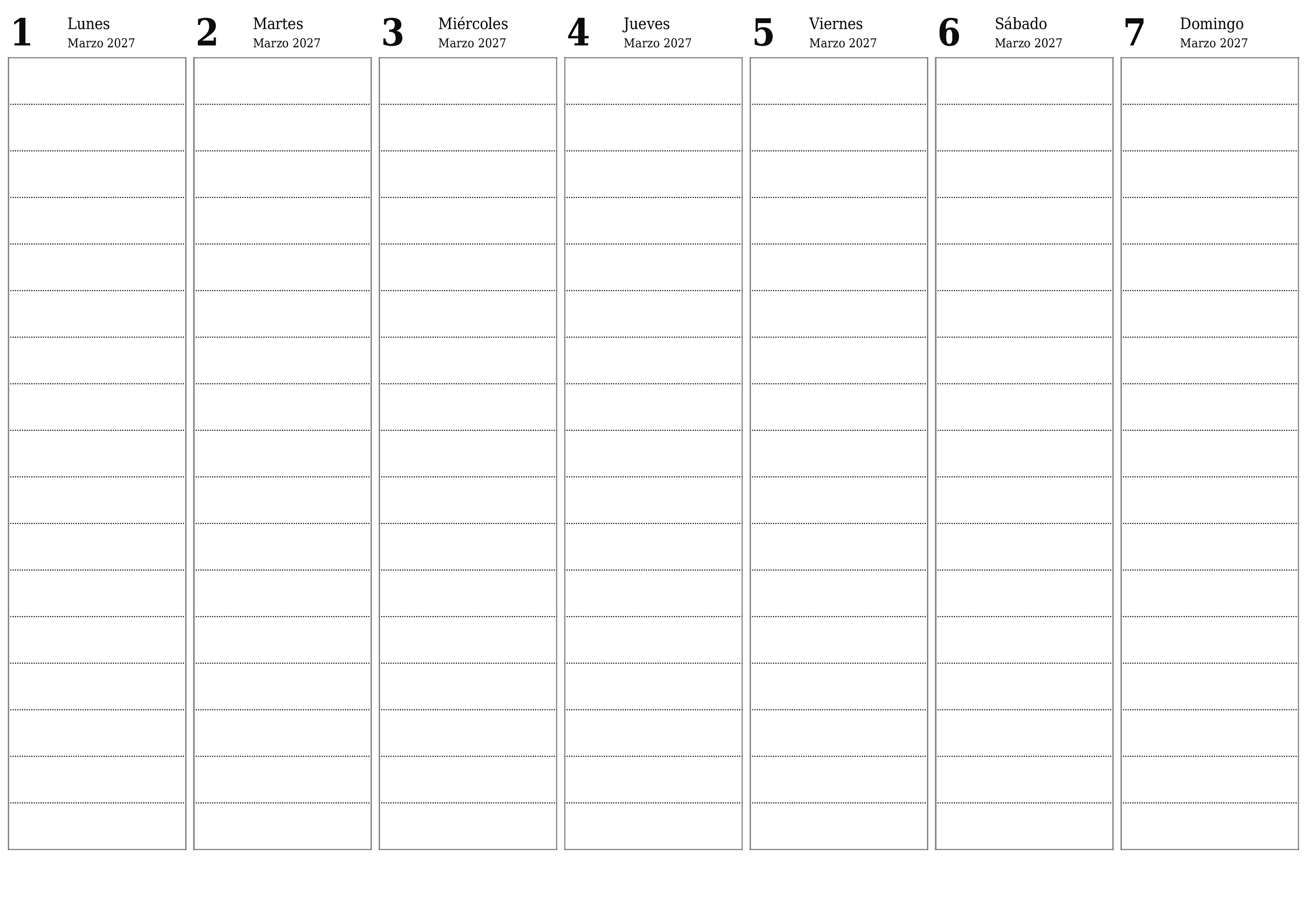 Planificador semanal vacío para semanas Marzo 2027 con notas, guardar e imprimir en PDF PNG Spanish