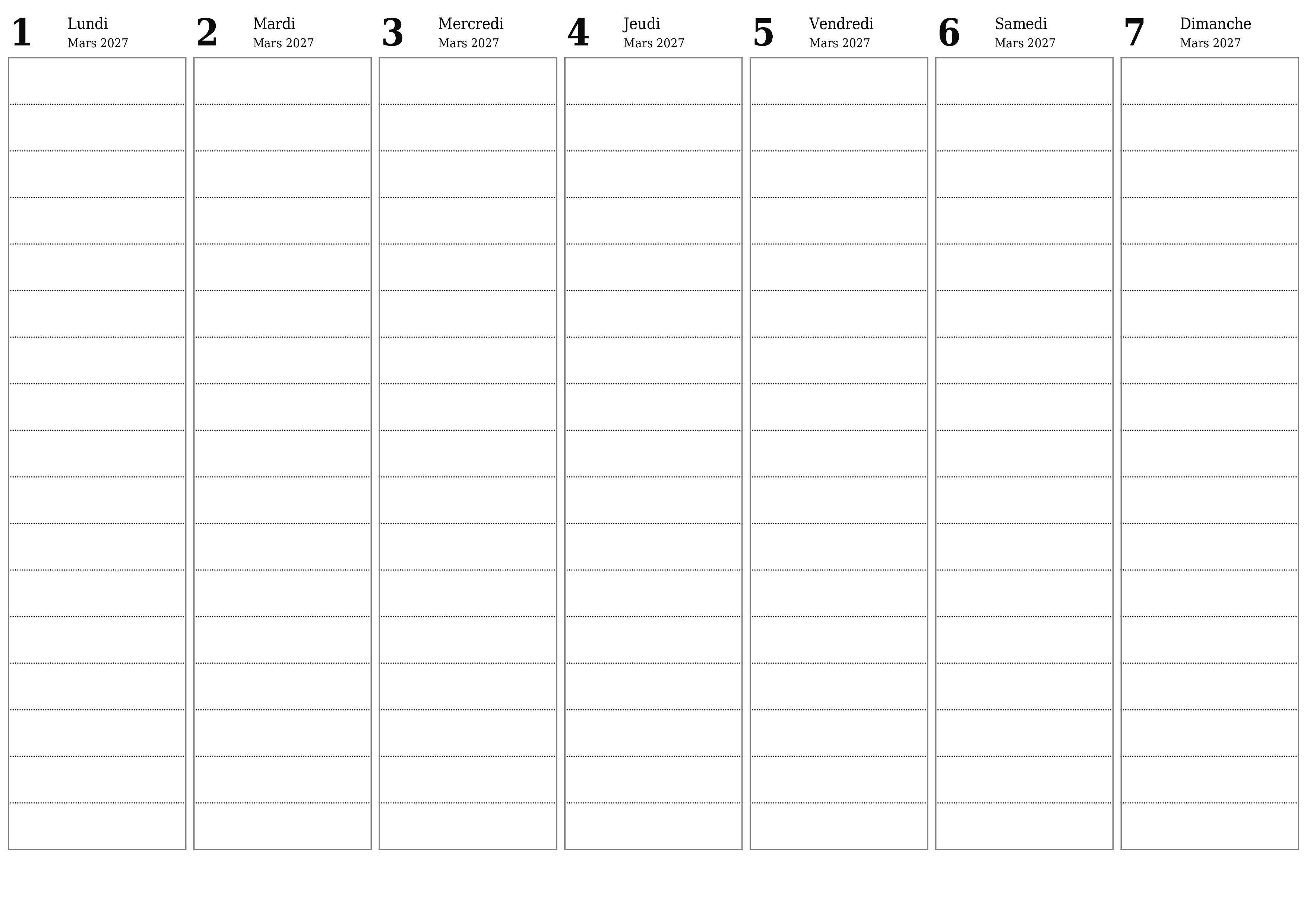 Agenda hebdomadaire vide pendant des semaines Mars 2027 avec notes, enregistrez et imprimez au format PDF PNG French