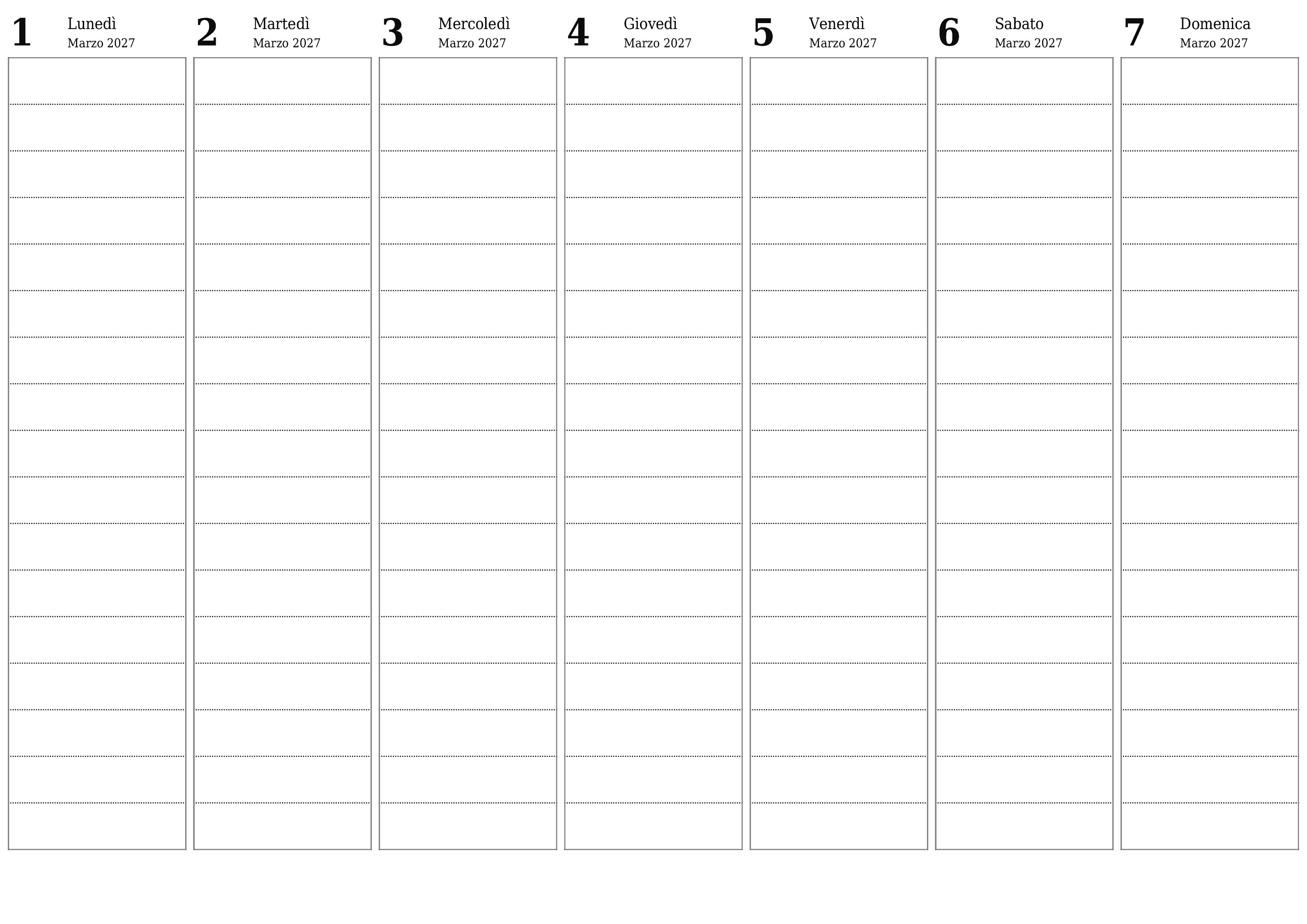 Agenda settimanale vuota per settimane Marzo 2027 con note, salva e stampa in PDF PNG Italian