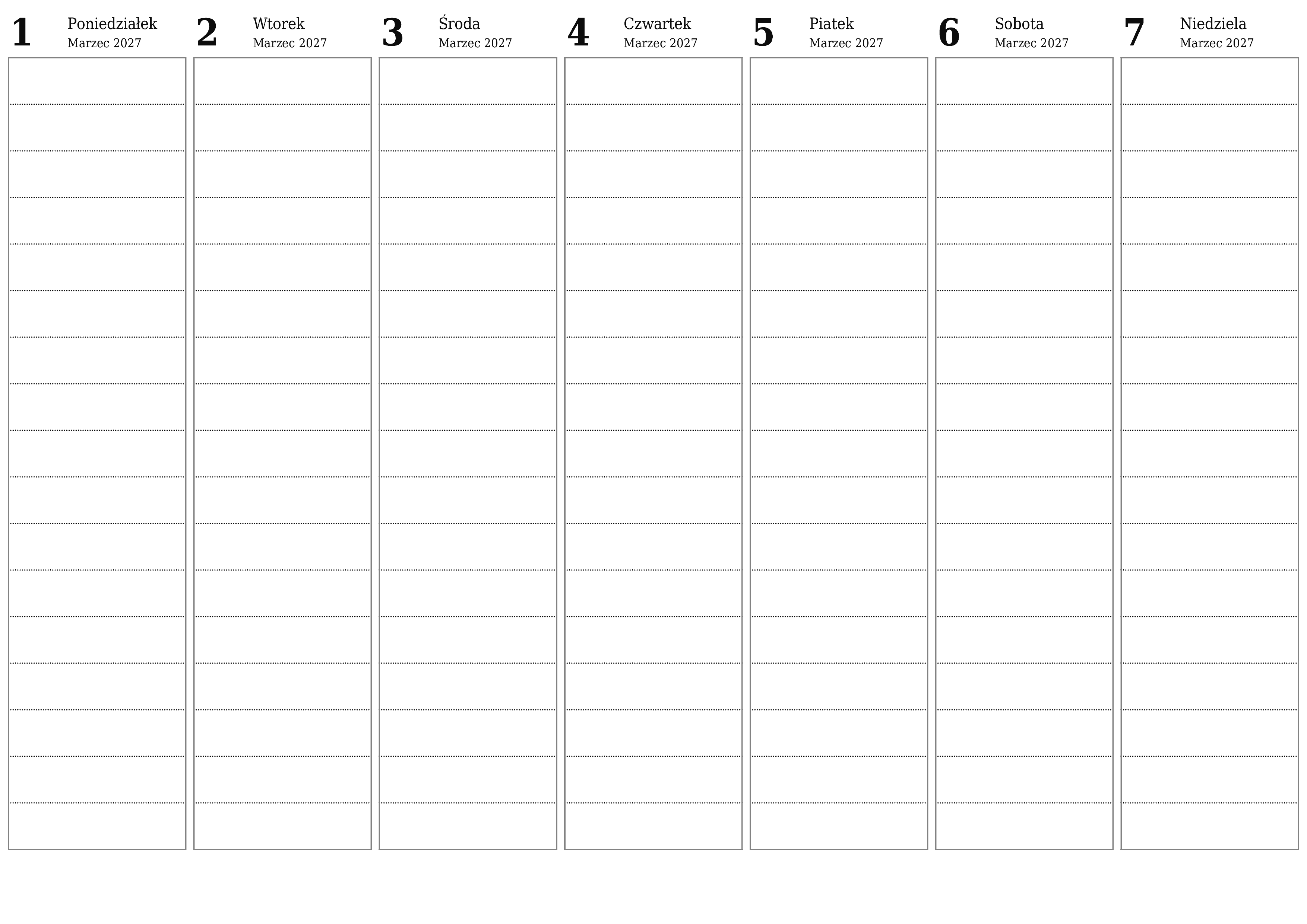 Opróżnij tygodniowy planer na tygodnie Marzec 2027 z notatkami, zapisz i wydrukuj w formacie PDF PNG Polish