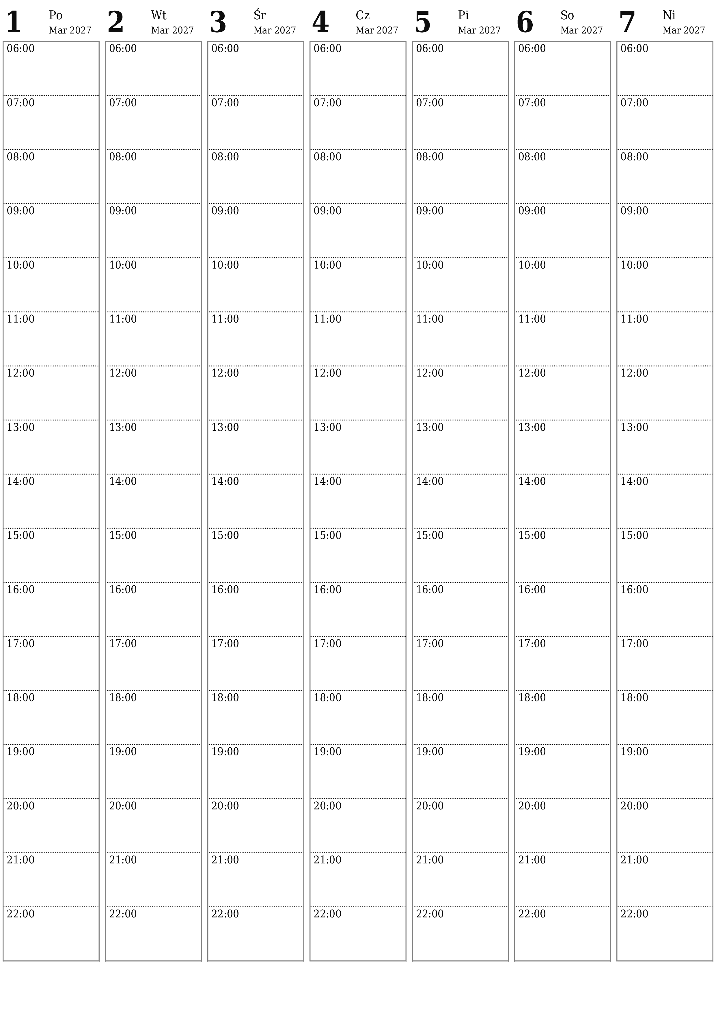 Opróżnij tygodniowy planer na tygodnie Marzec 2027 z notatkami, zapisz i wydrukuj w formacie PDF PNG Polish