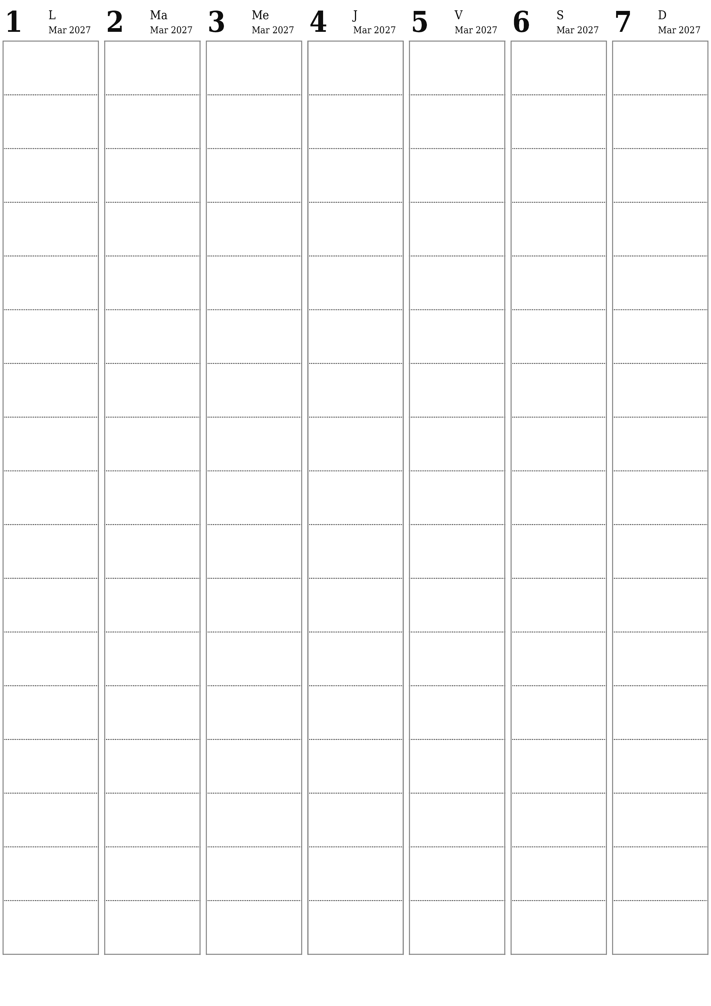 Agenda hebdomadaire vide pendant des semaines Mars 2027 avec notes, enregistrez et imprimez au format PDF PNG French