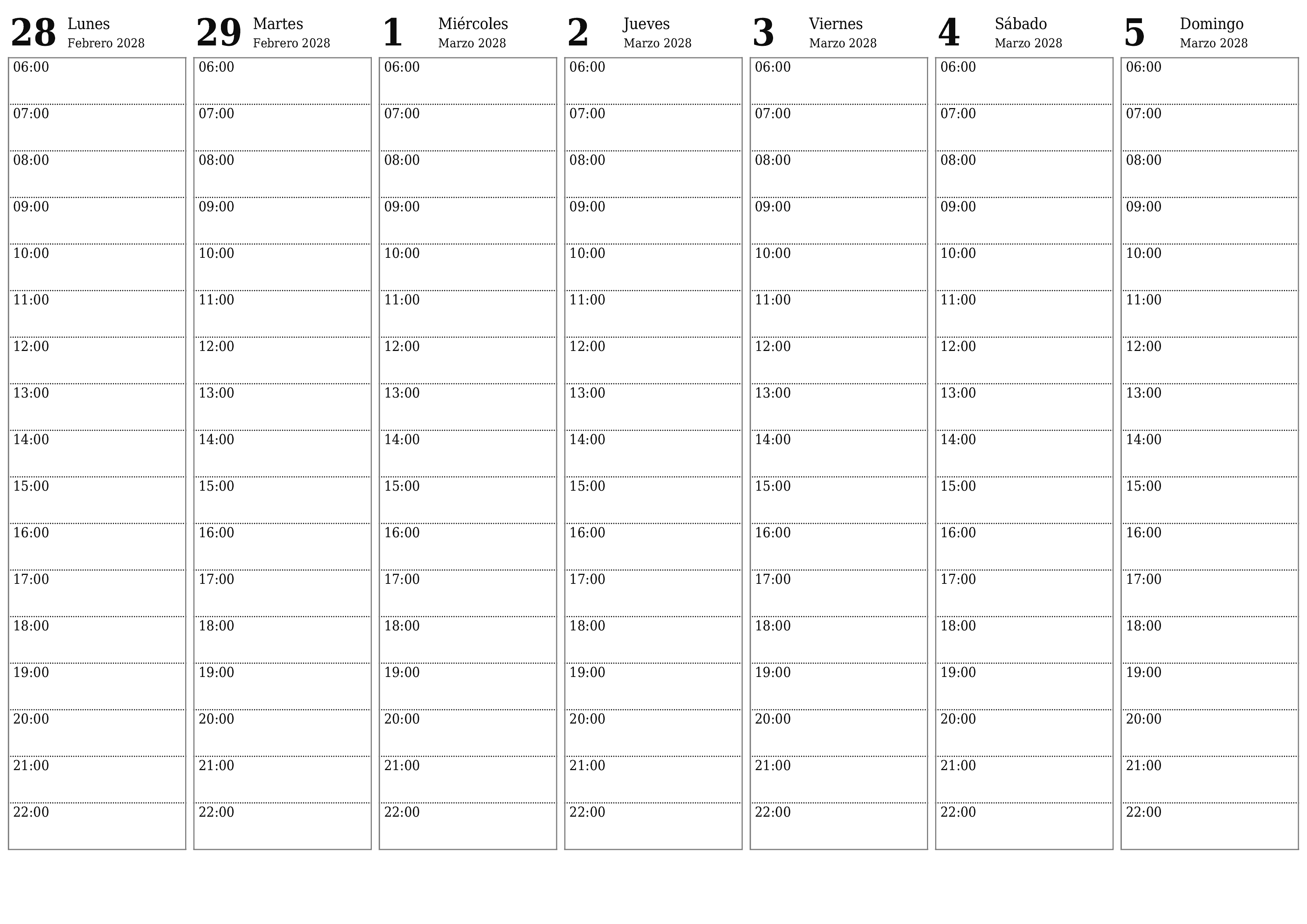Planificador semanal vacío para semanas Marzo 2028 con notas, guardar e imprimir en PDF PNG Spanish