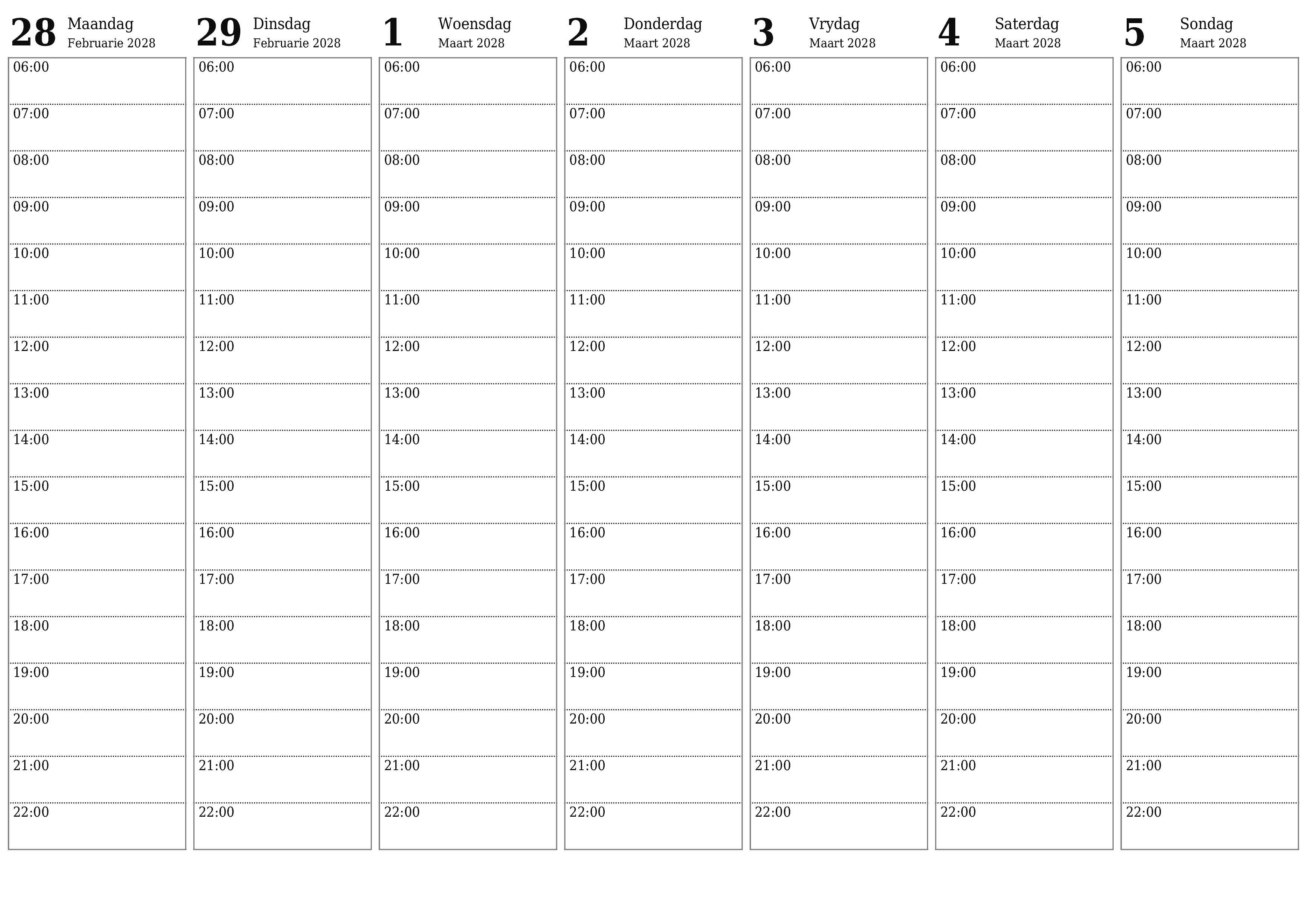 Leë weeklikse drukbare kalender en beplanner vir week Maart 2028 met notas, stoor en druk na PDF PNG Afrikaans
