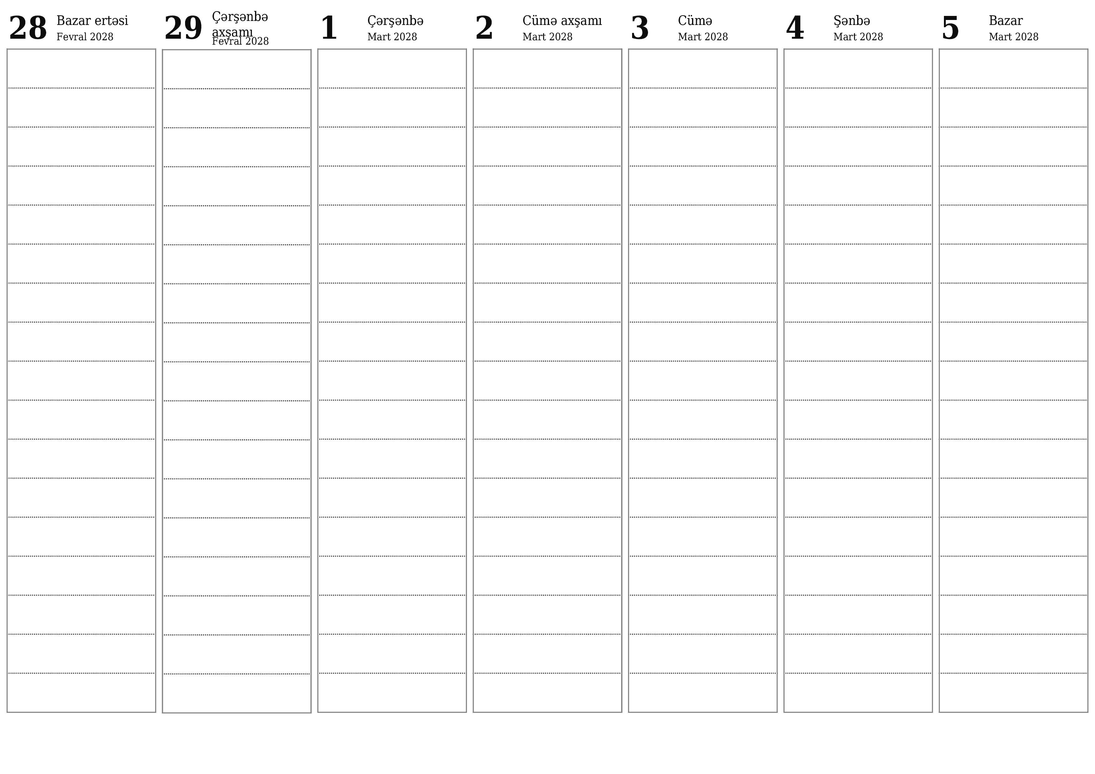 Mart 2028 həftələrlə həftəlik planlayıcınızı qeydlərlə boşaltın, qeyd edin və PDF-ə yazdırın PNG Azerbaijani